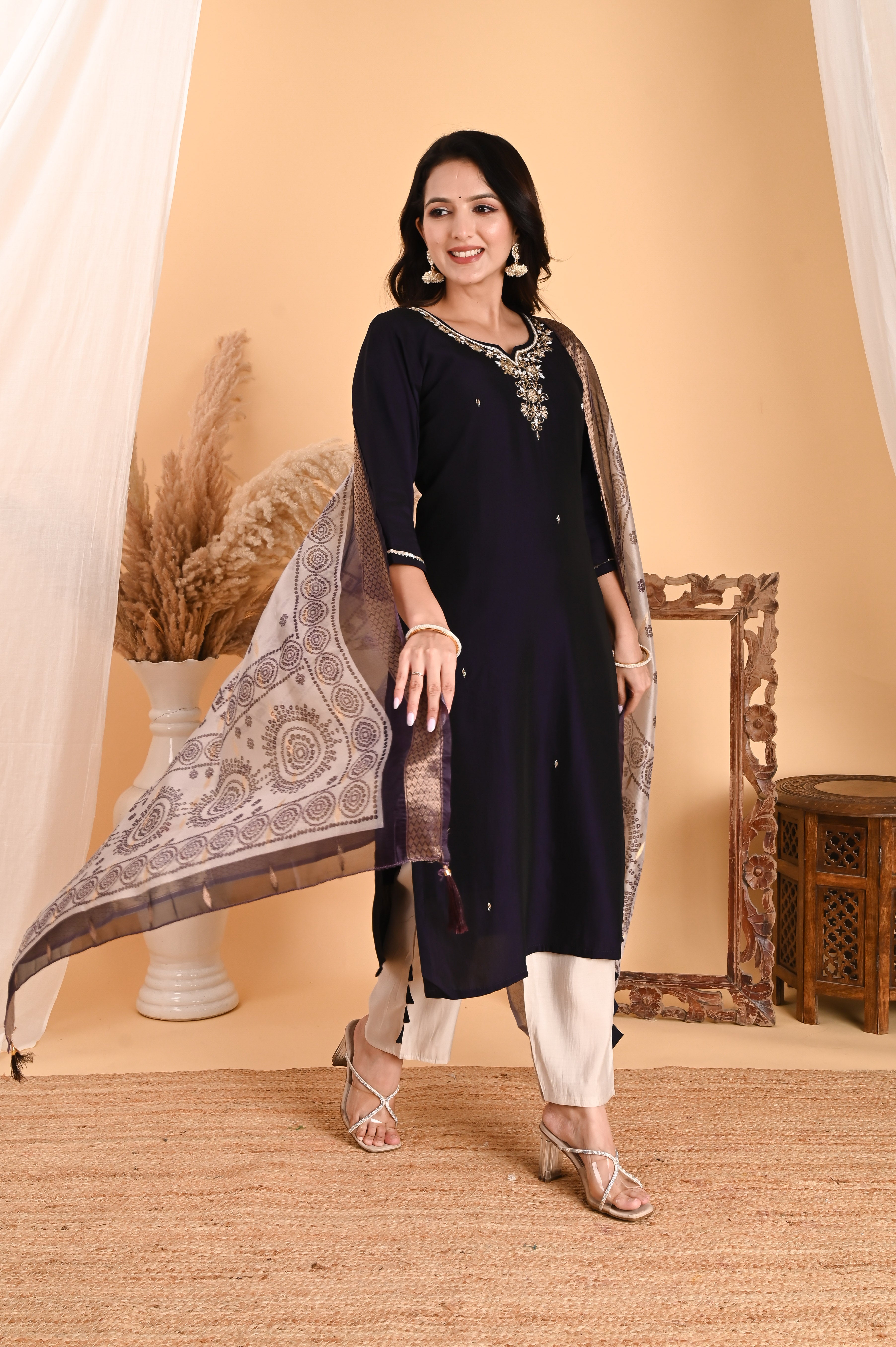 NR-105/ Midnight Deep Brinjal Blue Embroidered Kurta Set with Printed Dupatta