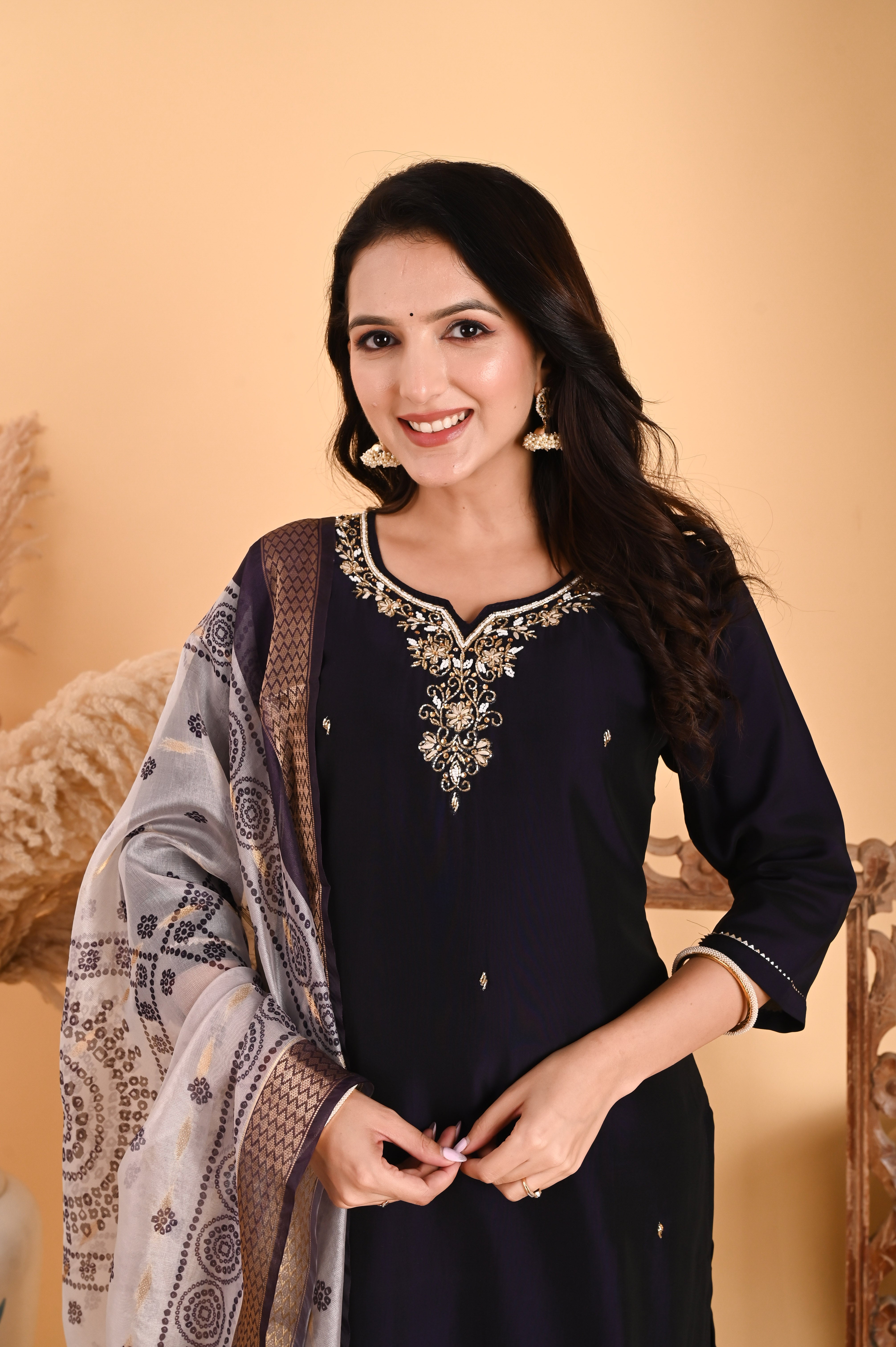 NR-105/ Midnight Deep Brinjal Blue Embroidered Kurta Set with Printed Dupatta