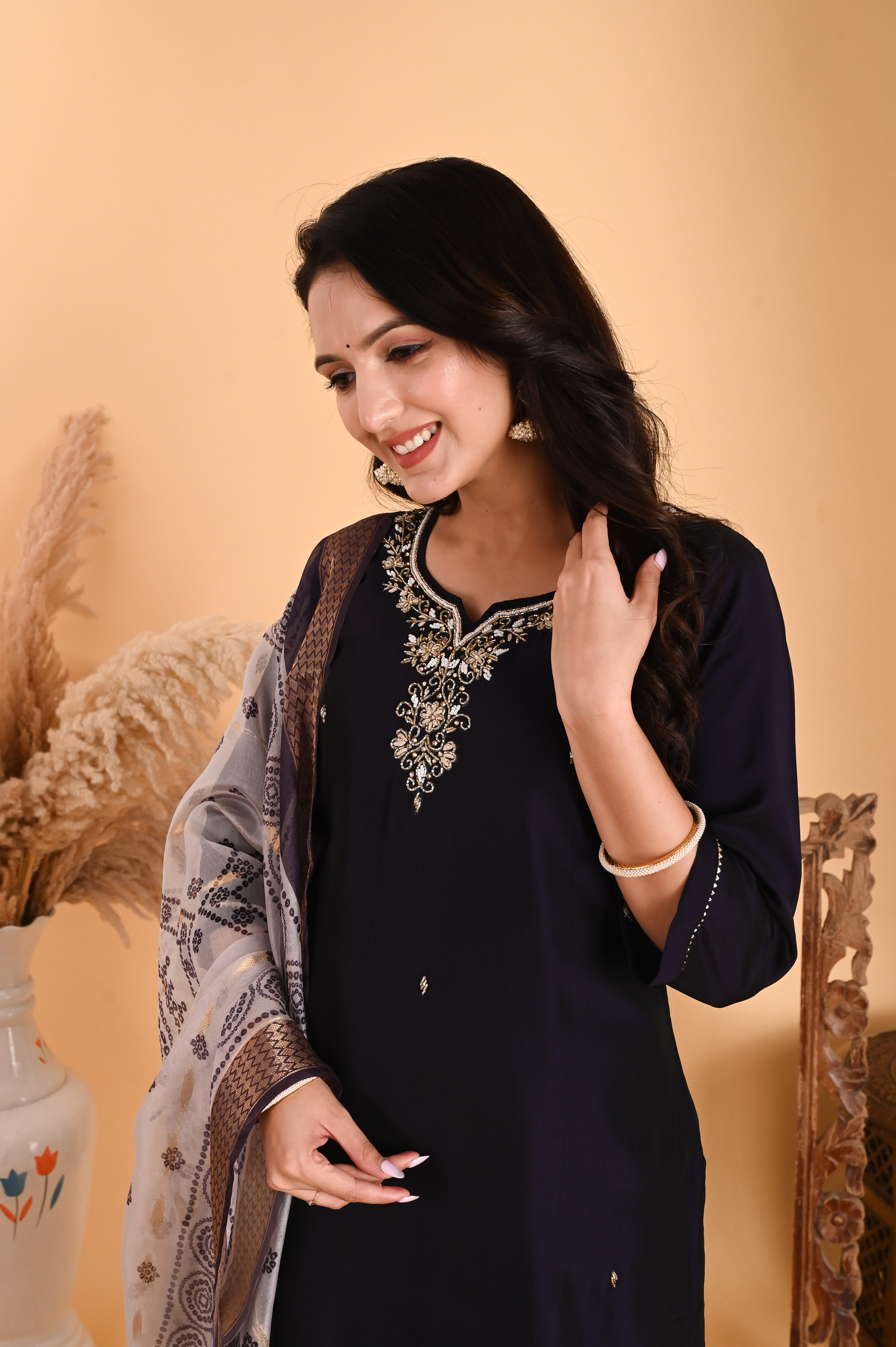 NR-105/ Midnight Deep Brinjal Blue Embroidered Kurta Set with Printed Dupatta