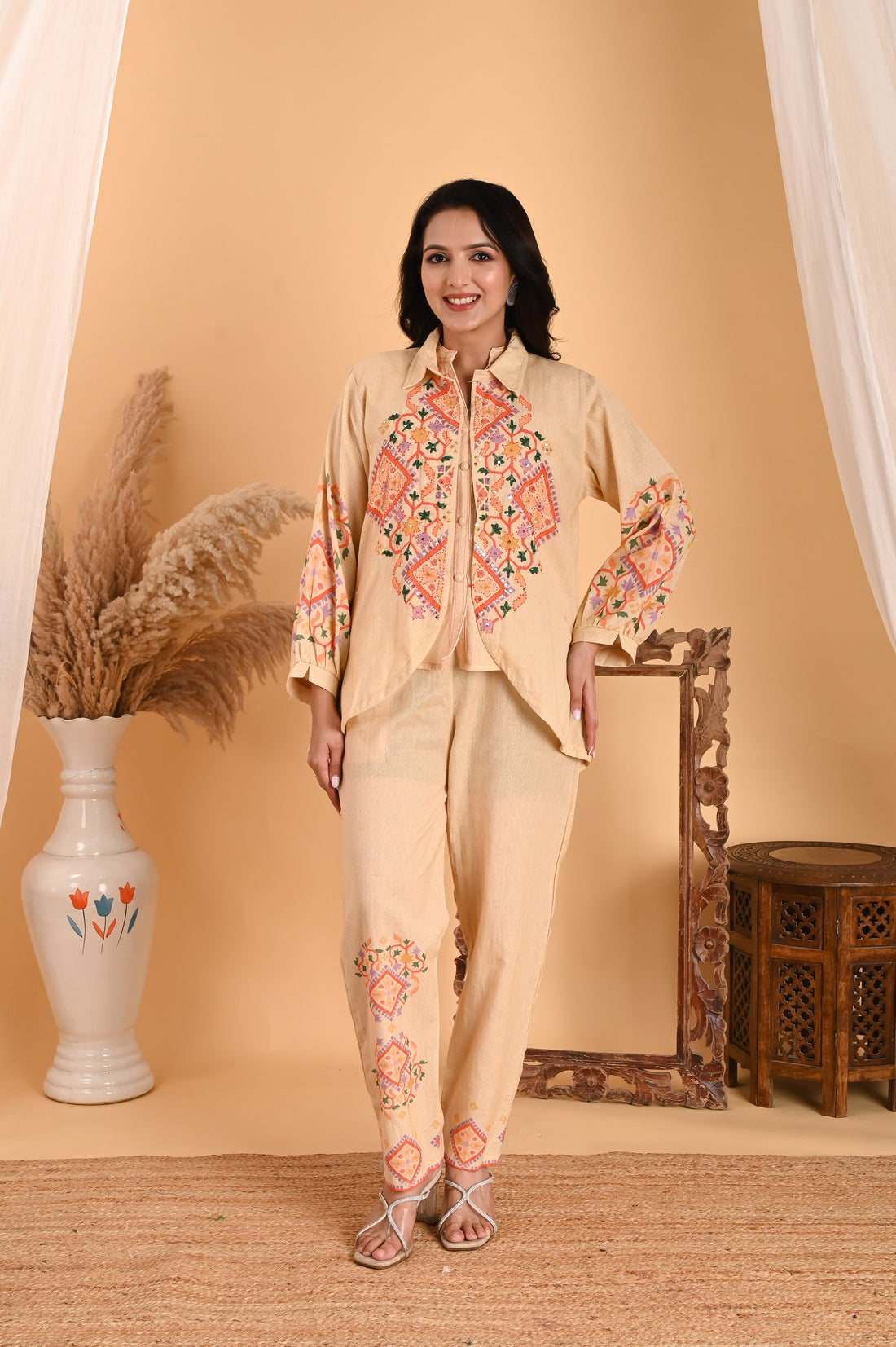 NR-103/ Elegant Beige Embroidered Cotton Co-Ord Set