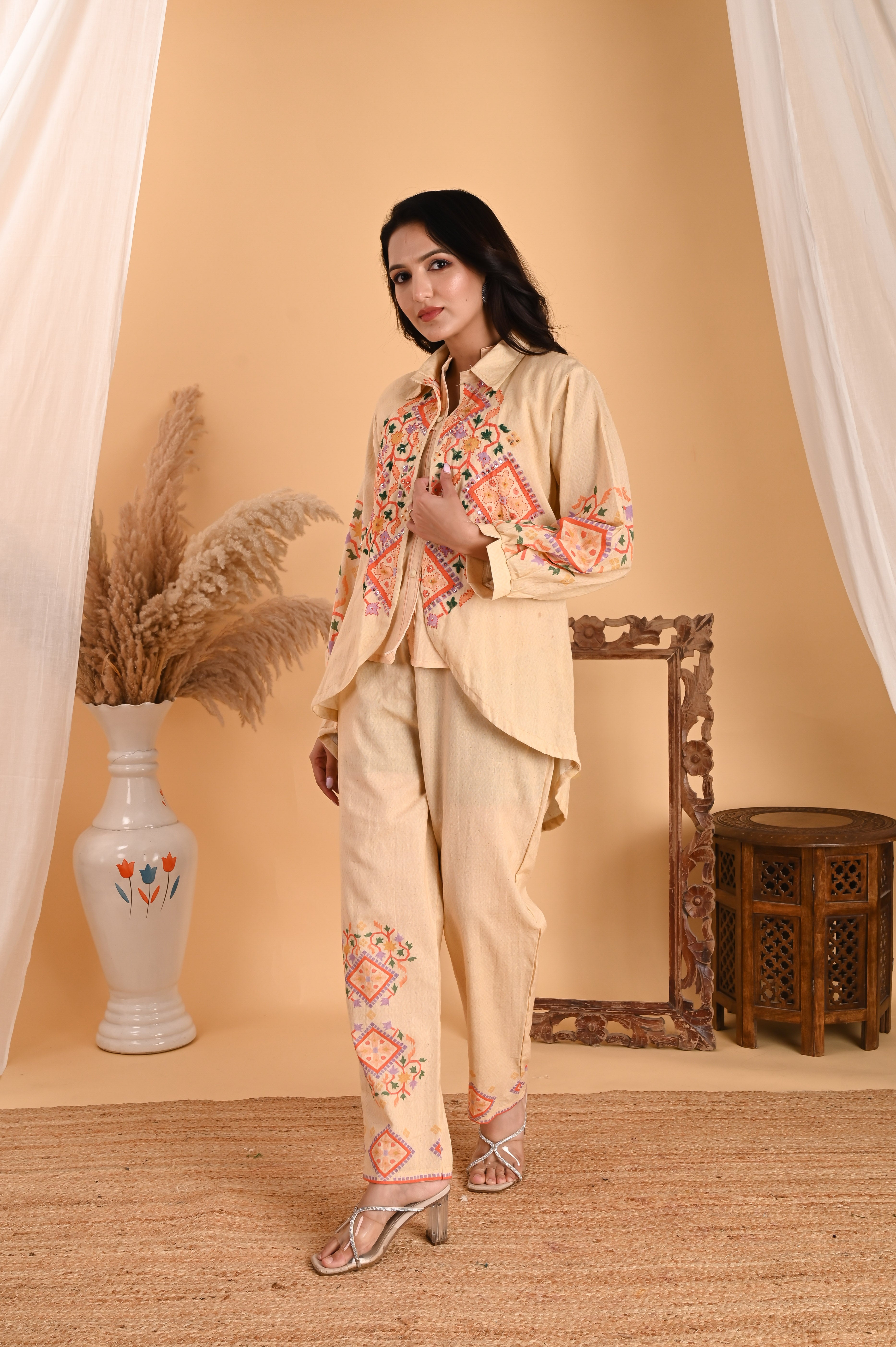 NR-103/ Elegant Beige Embroidered Cotton Co-Ord Set