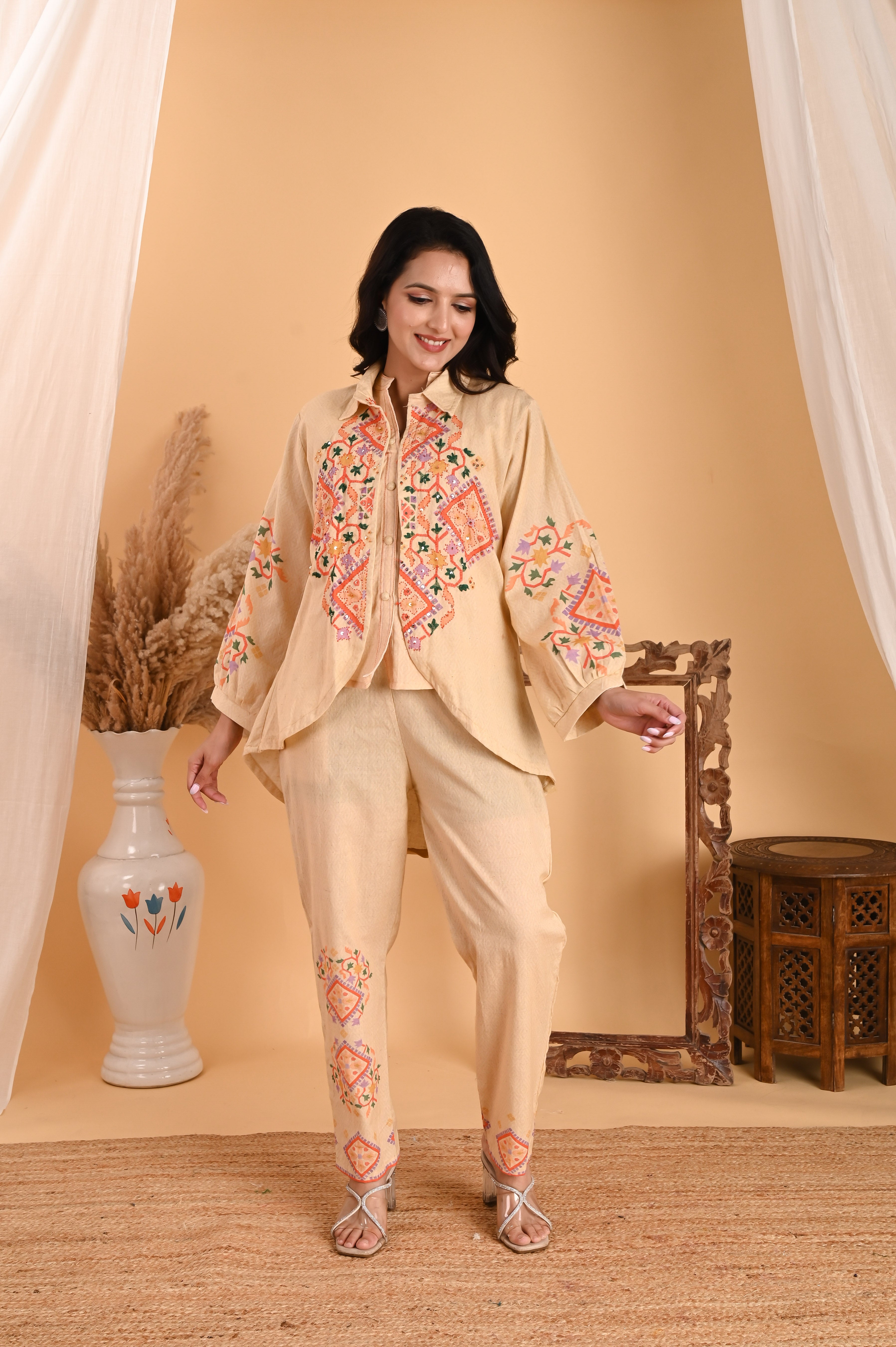 NR-103/ Elegant Beige Embroidered Cotton Co-Ord Set