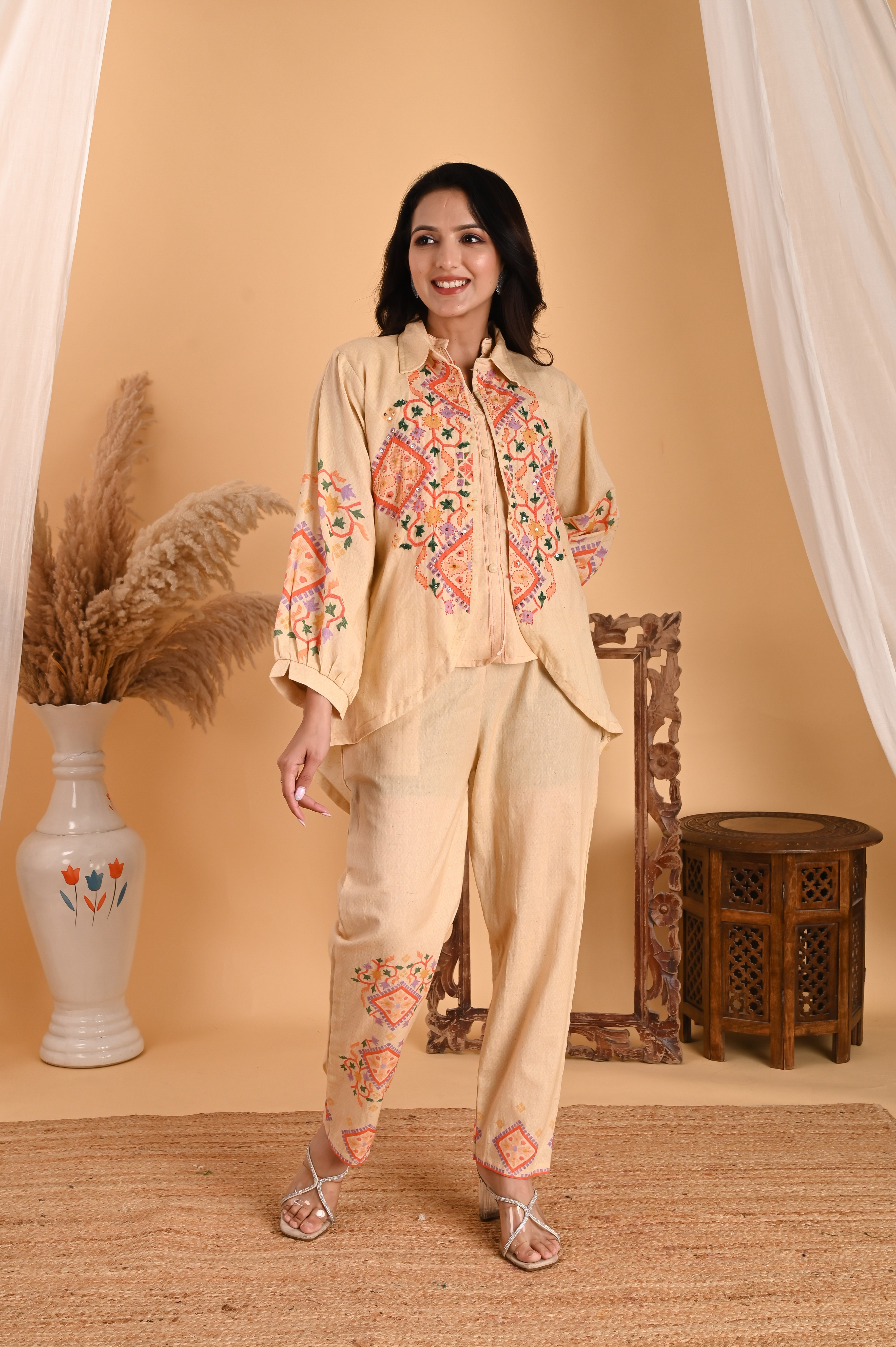 NR-103/ Elegant Beige Embroidered Cotton Co-Ord Set