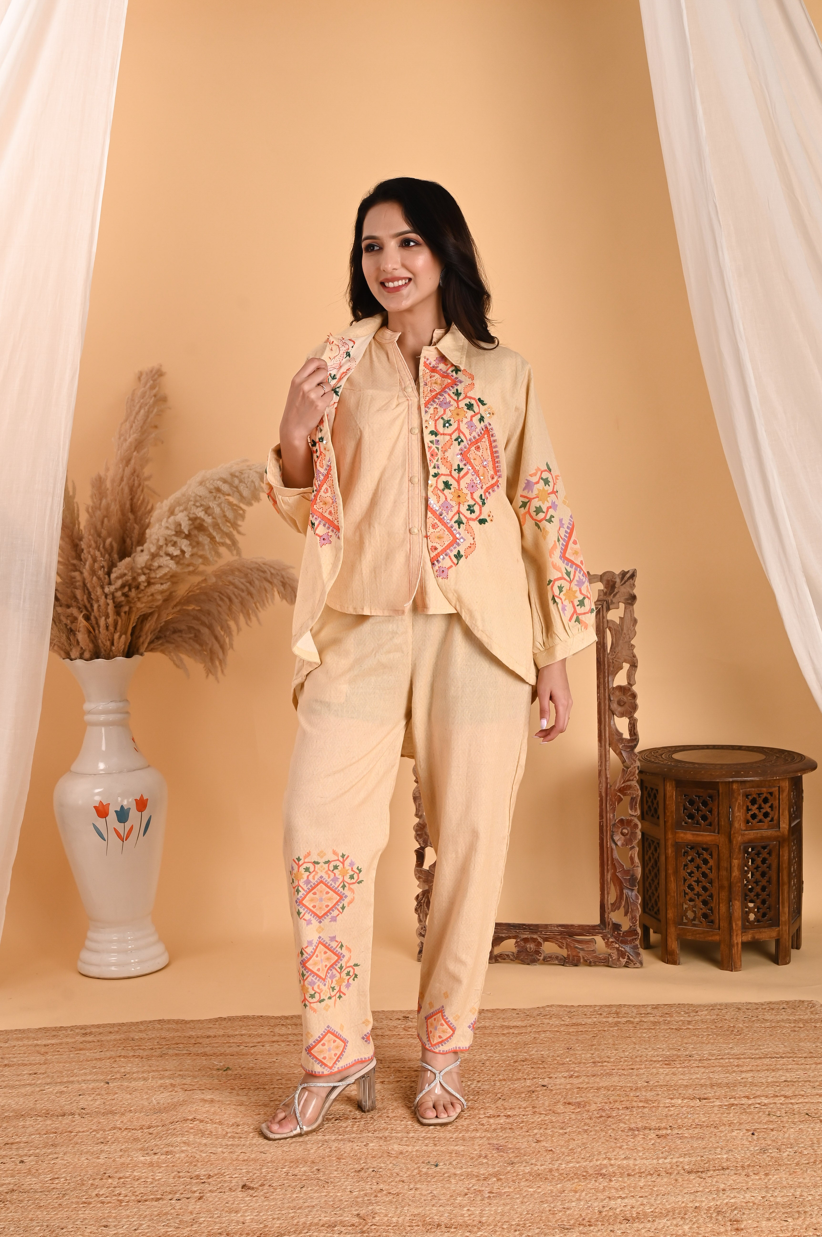 NR-103/ Elegant Beige Embroidered Cotton Co-Ord Set