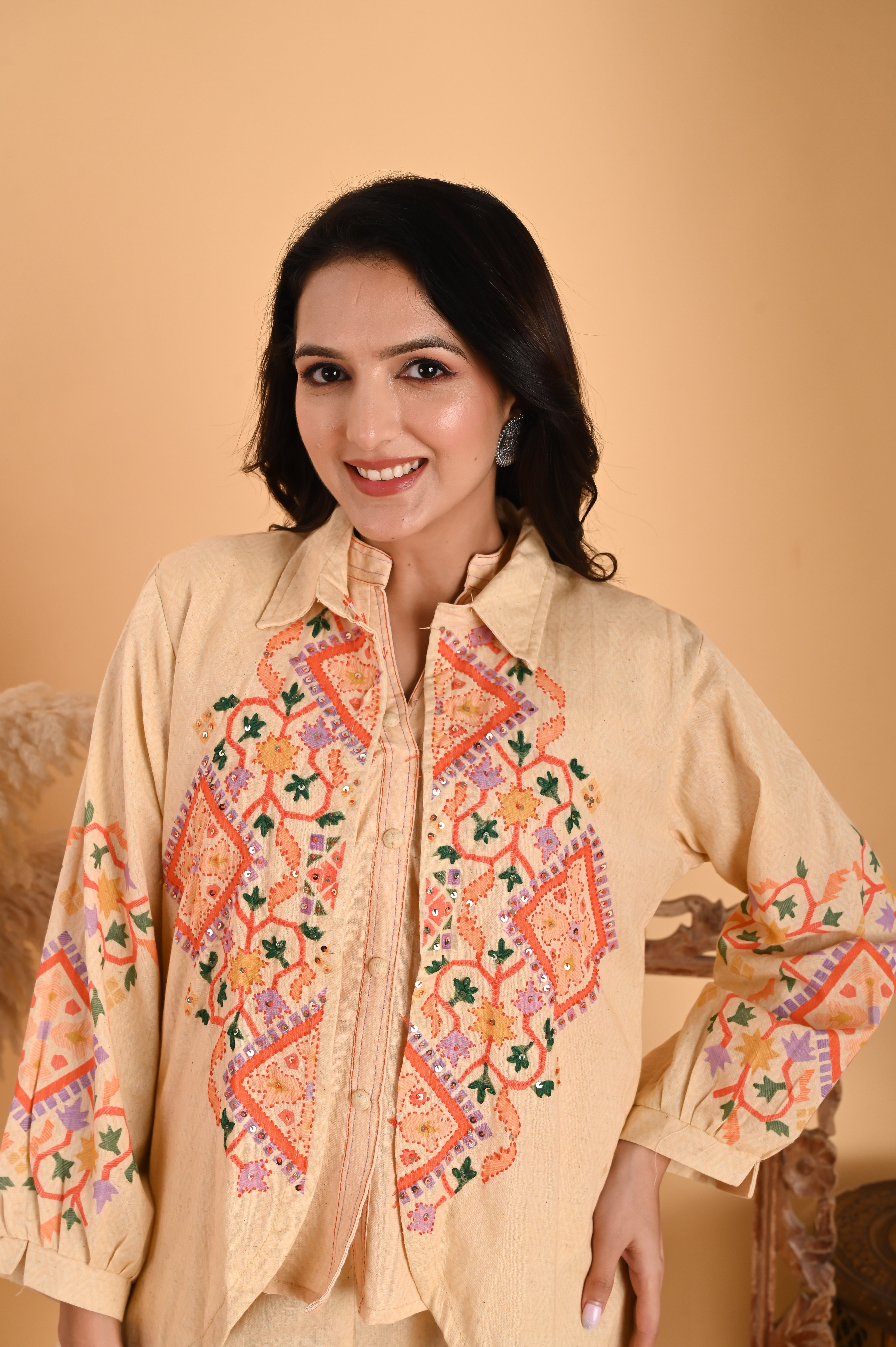 NR-103/ Elegant Beige Embroidered Cotton Co-Ord Set