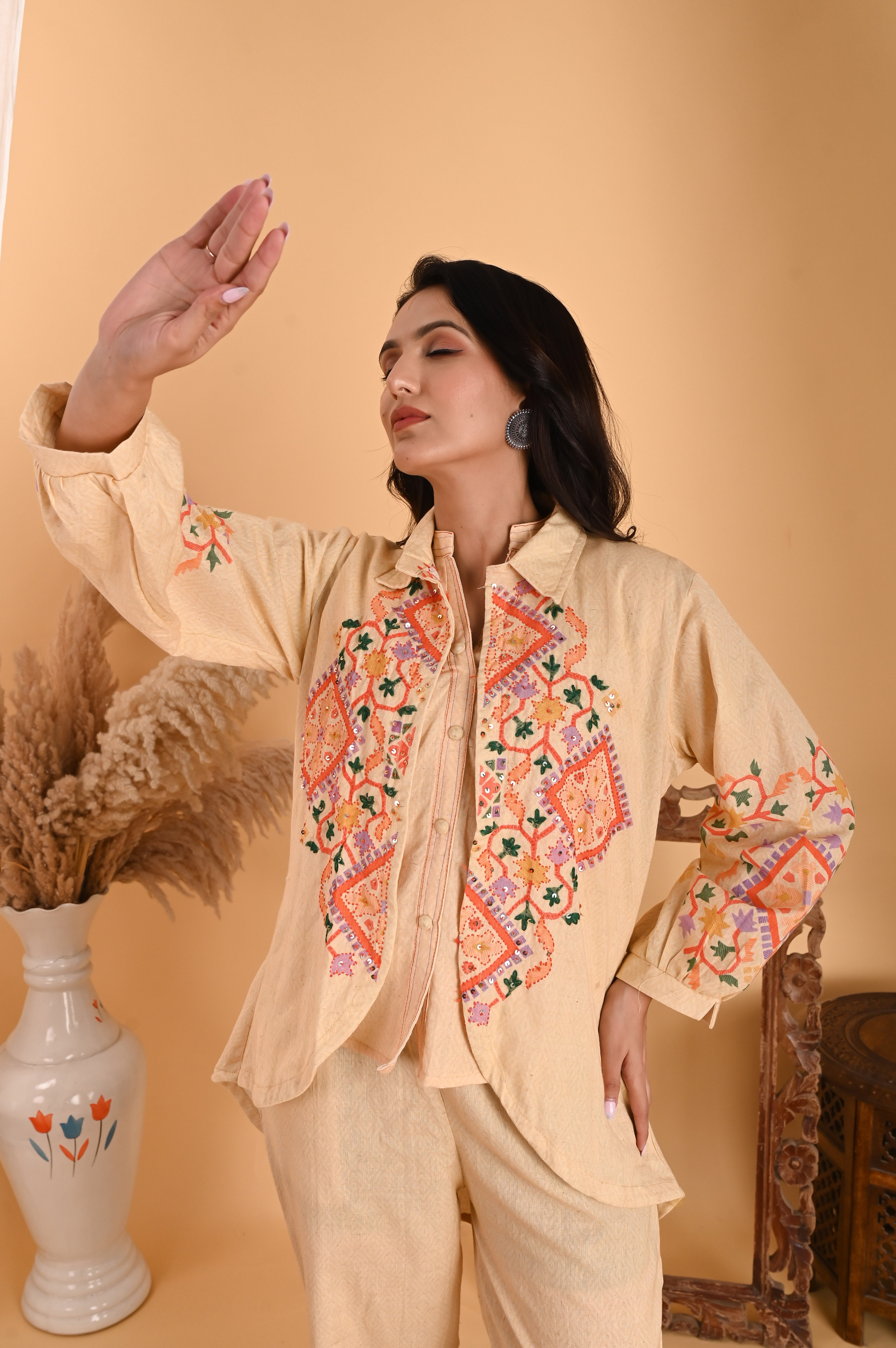 NR-103/ Elegant Beige Embroidered Cotton Co-Ord Set