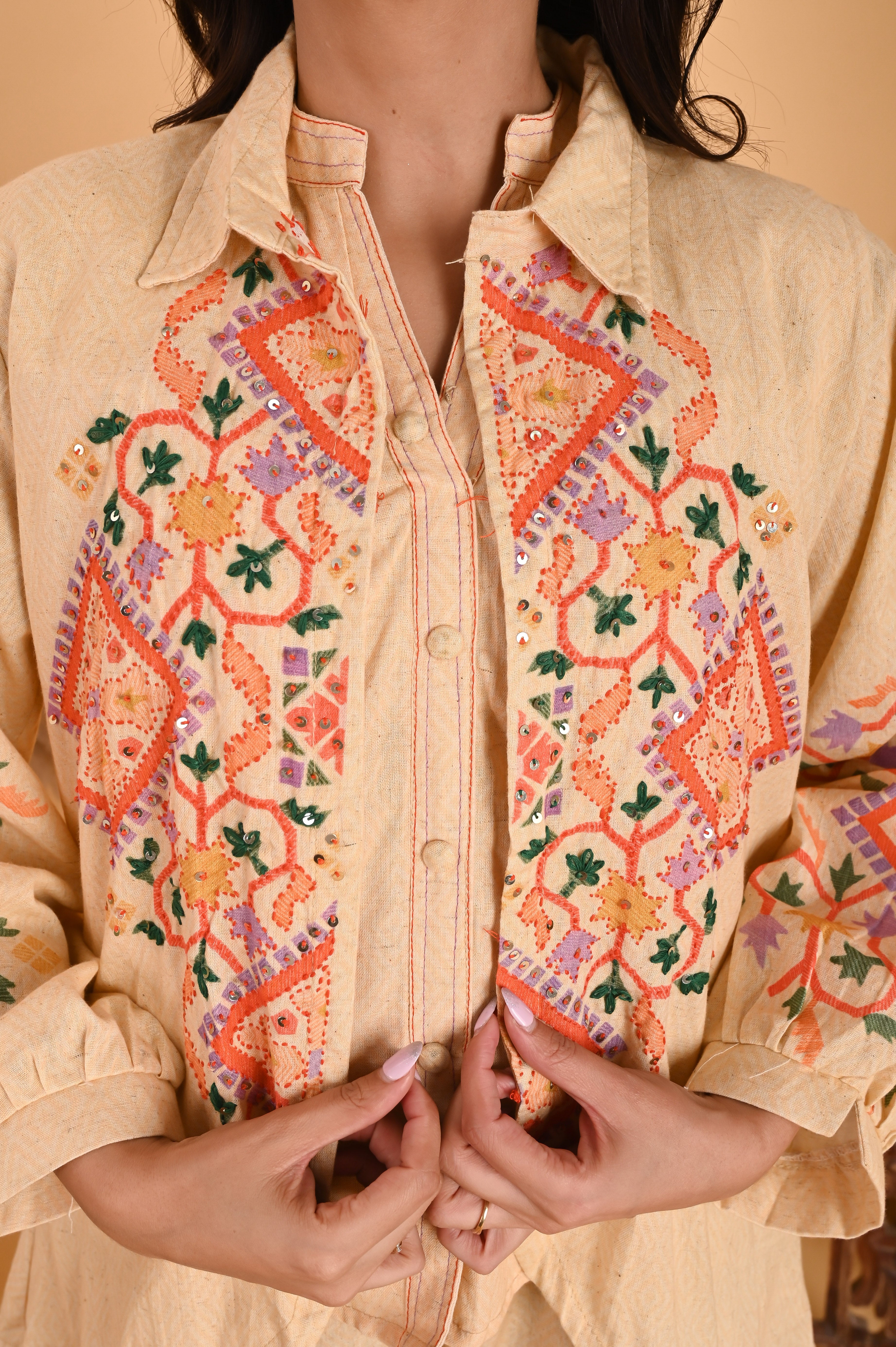 NR-103/ Elegant Beige Embroidered Cotton Co-Ord Set