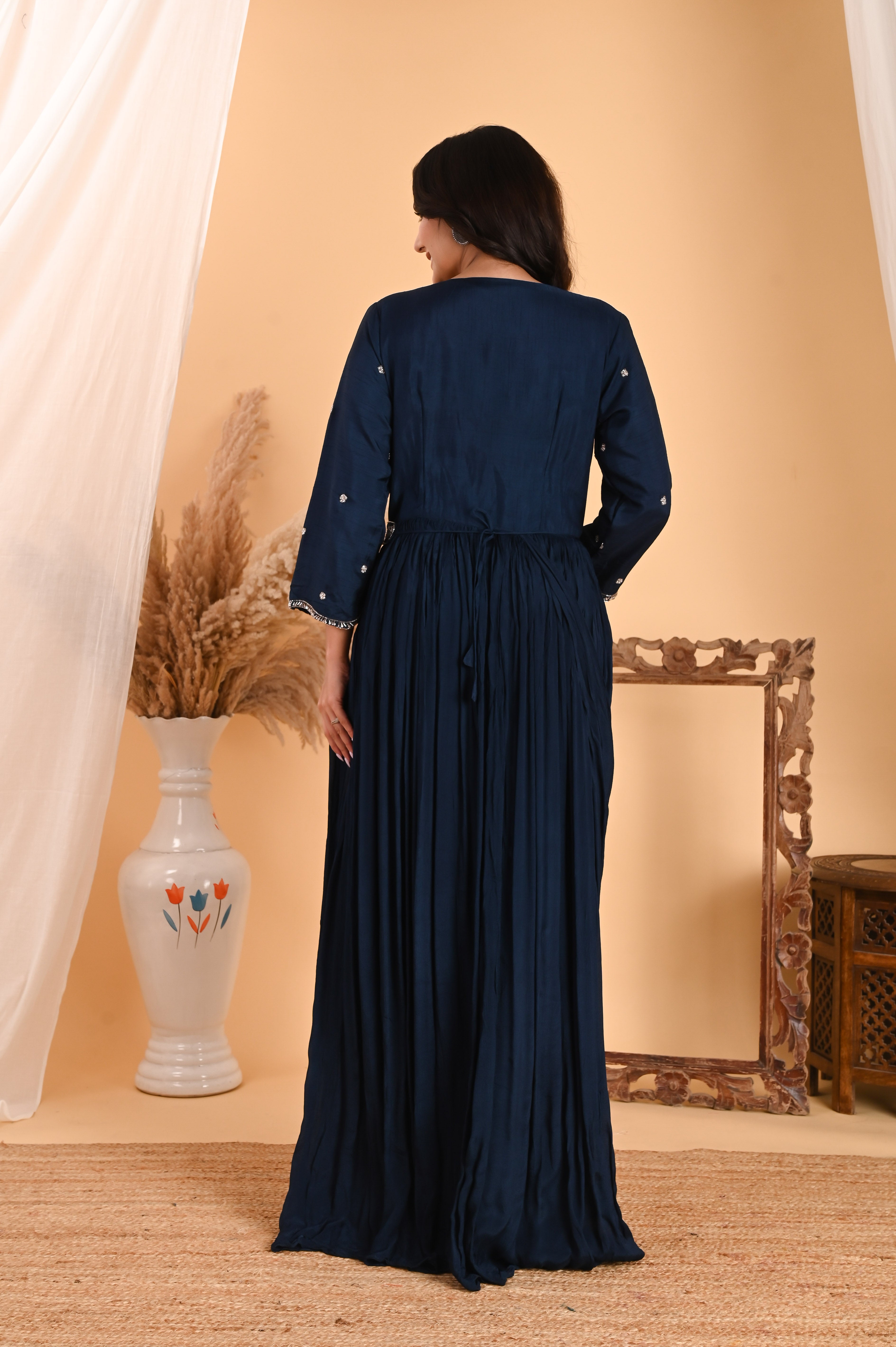 NR-110/ Neavy Blue Embroidered Fusion Saree Gown