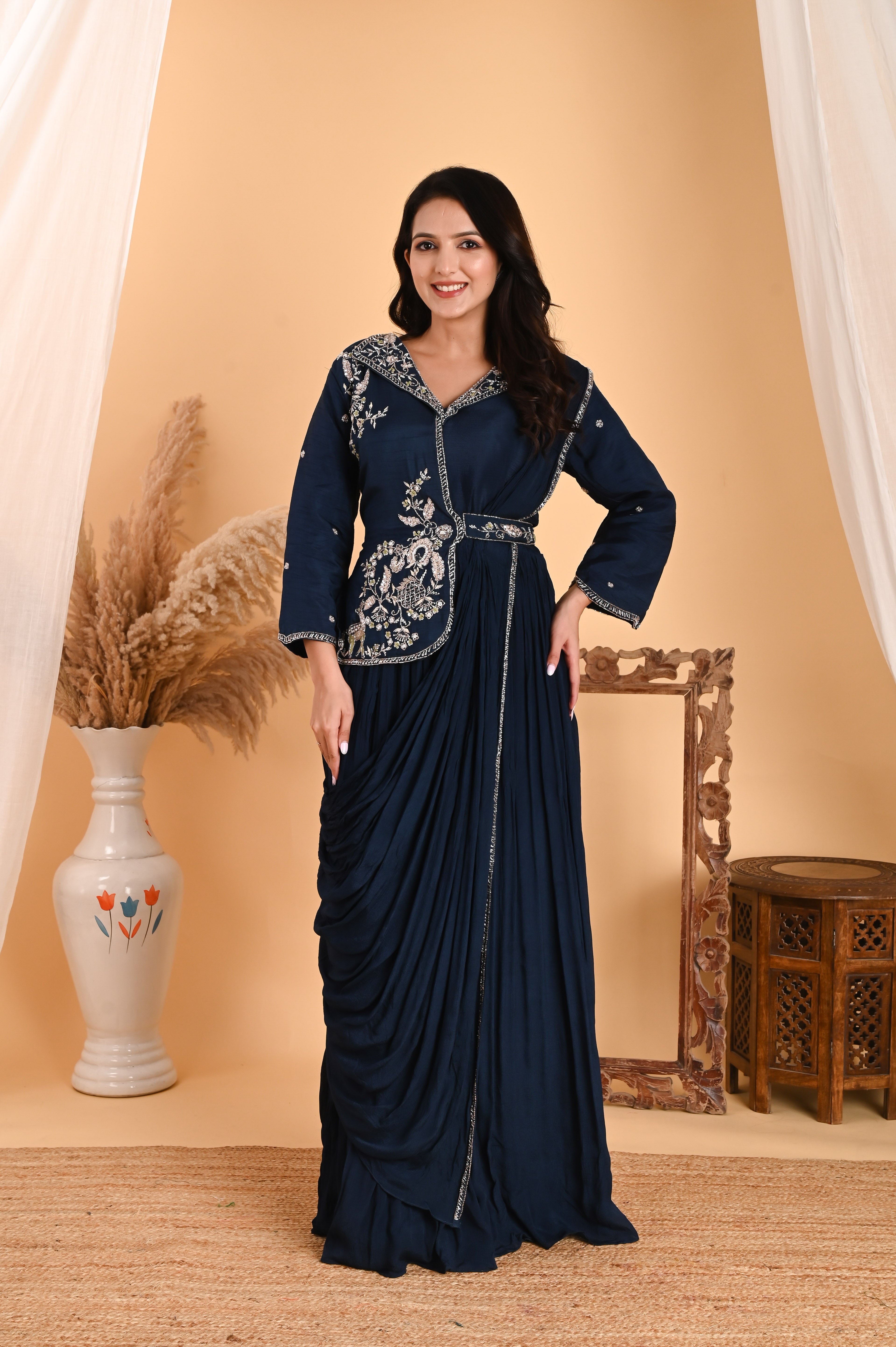 NR-110/ Neavy Blue Embroidered Fusion Saree Gown