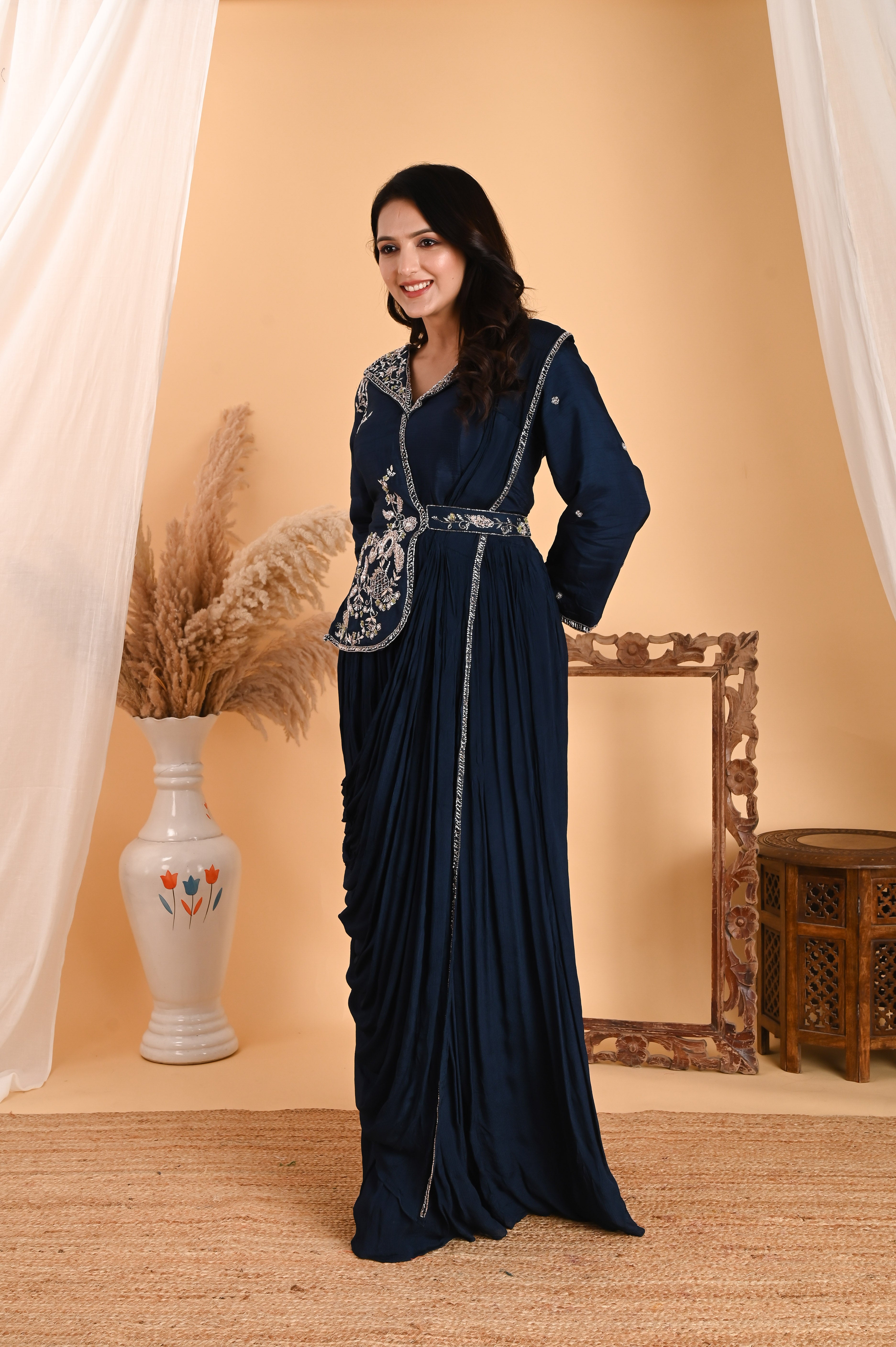 NR-110/ Neavy Blue Embroidered Fusion Saree Gown