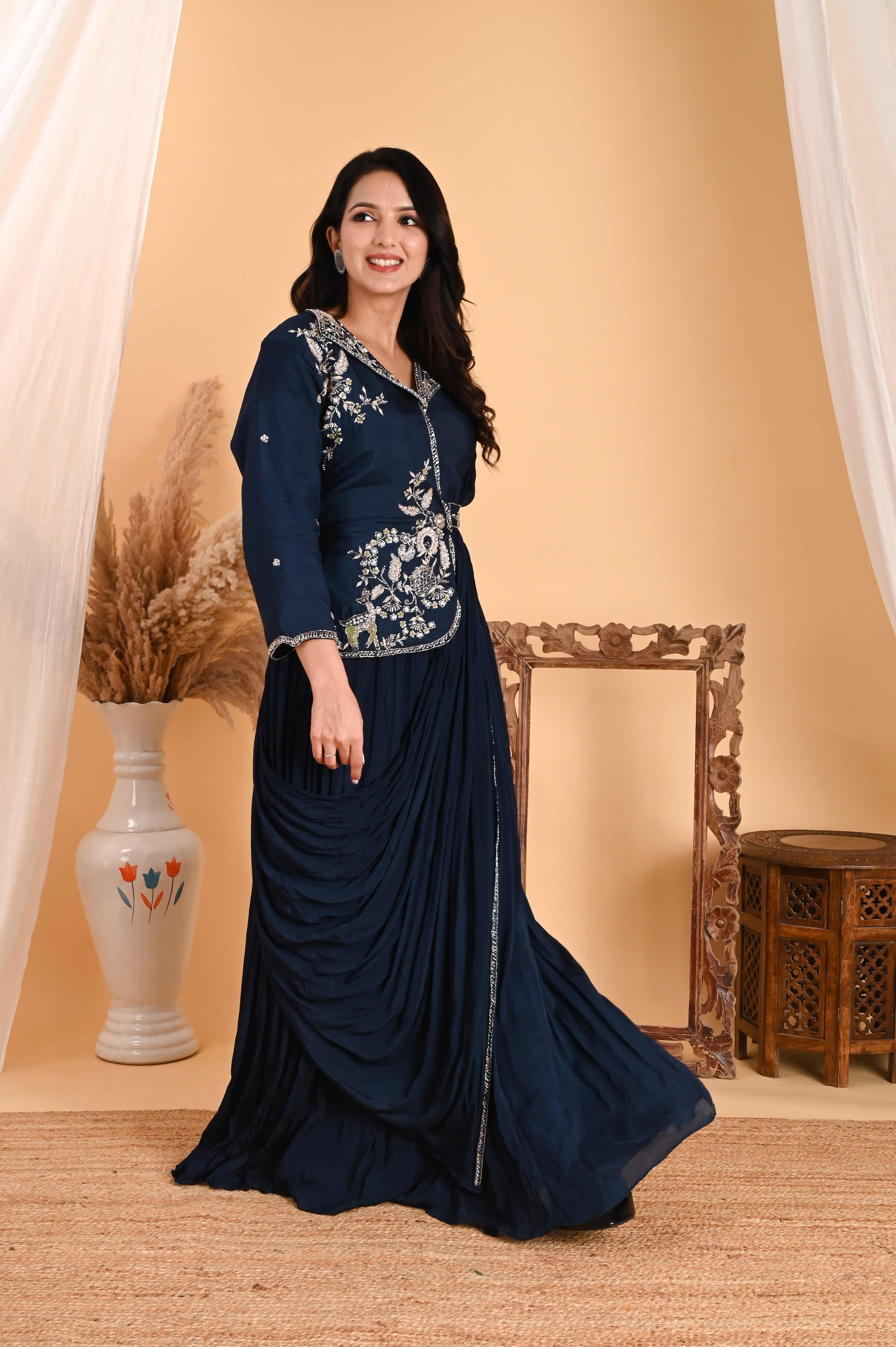 NR-110/ Neavy Blue Embroidered Fusion Saree Gown