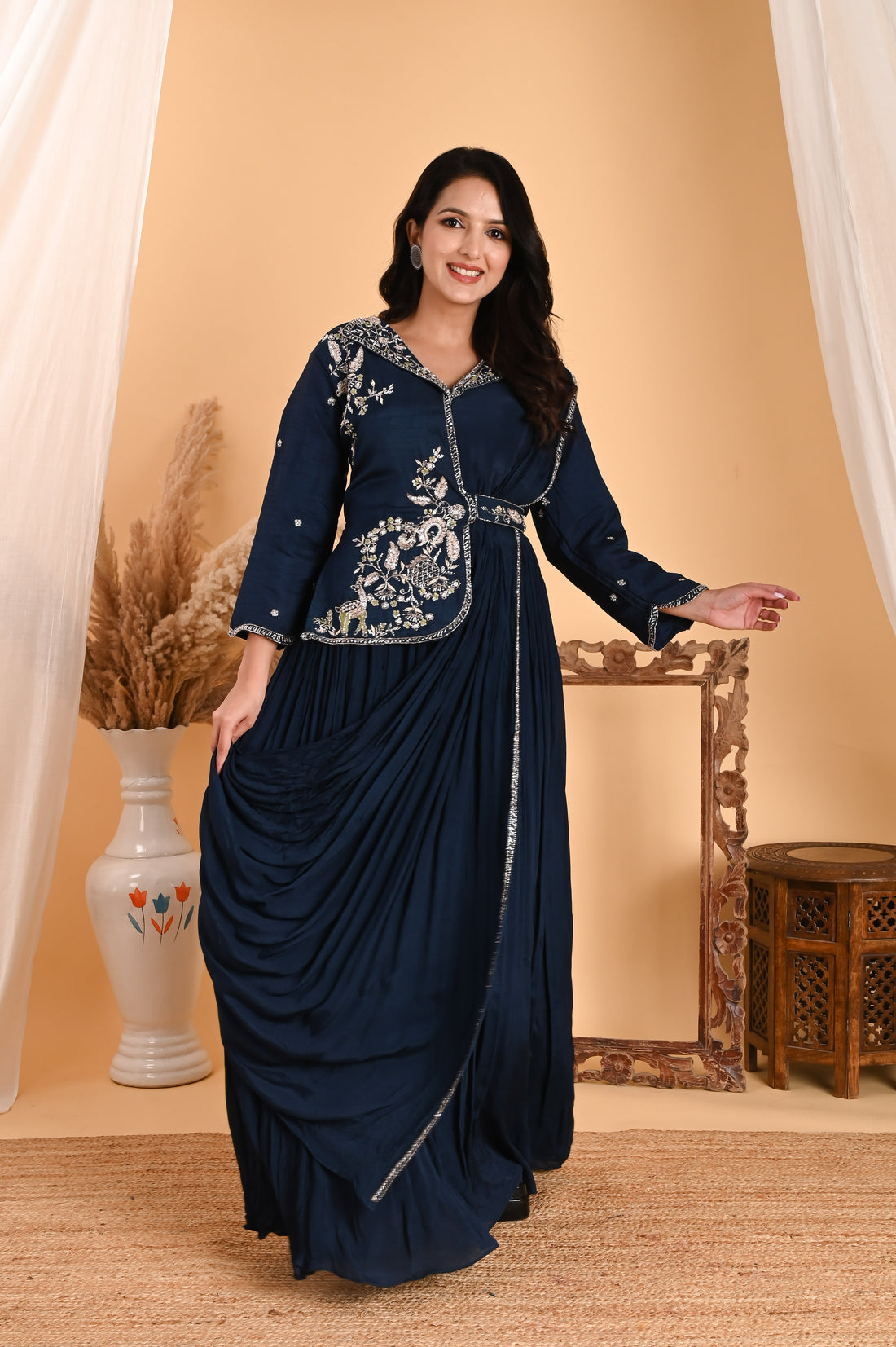 NR-110/ Neavy Blue Embroidered Fusion Saree Gown