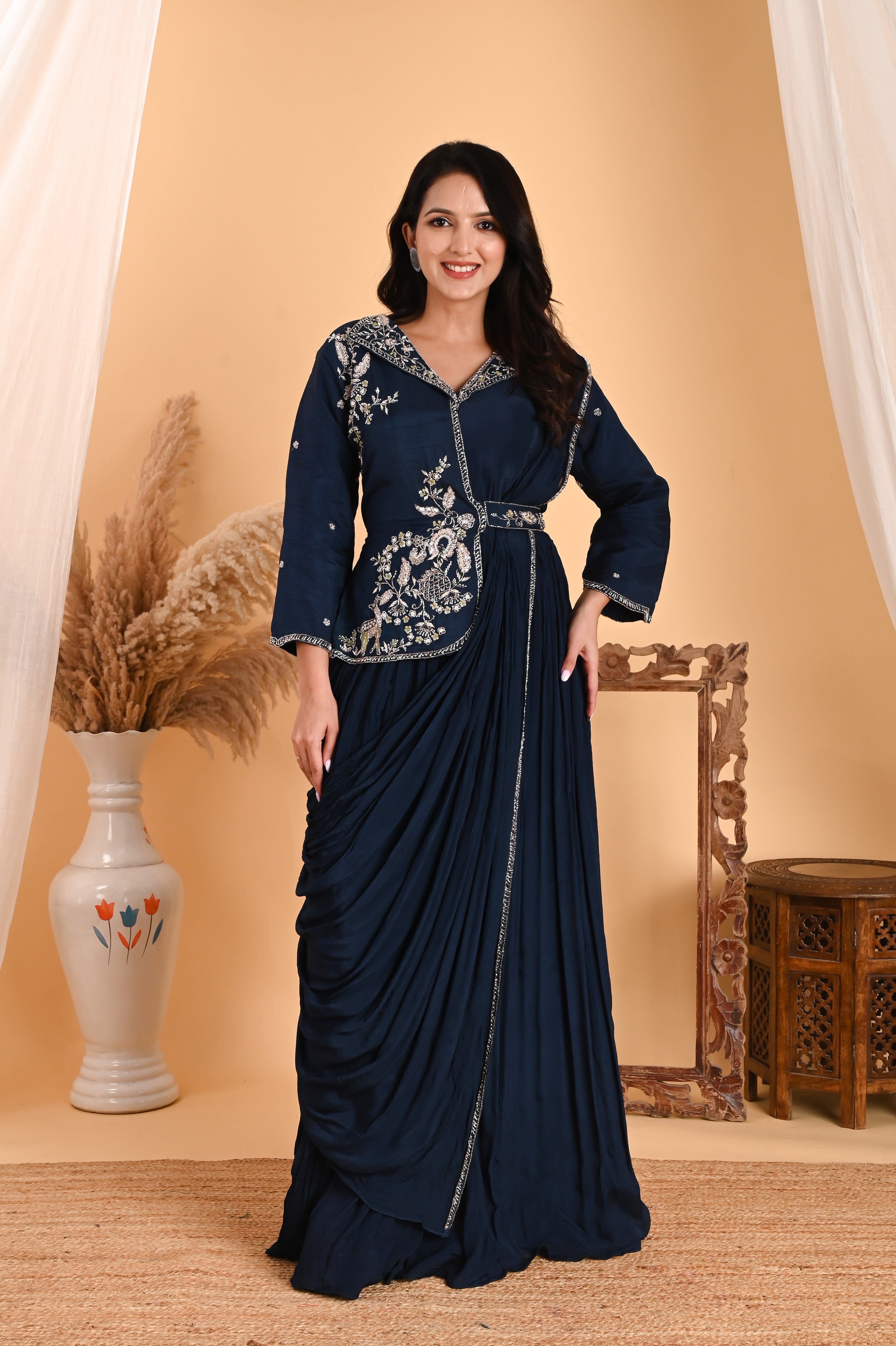 NR-110/ Neavy Blue Embroidered Fusion Saree Gown