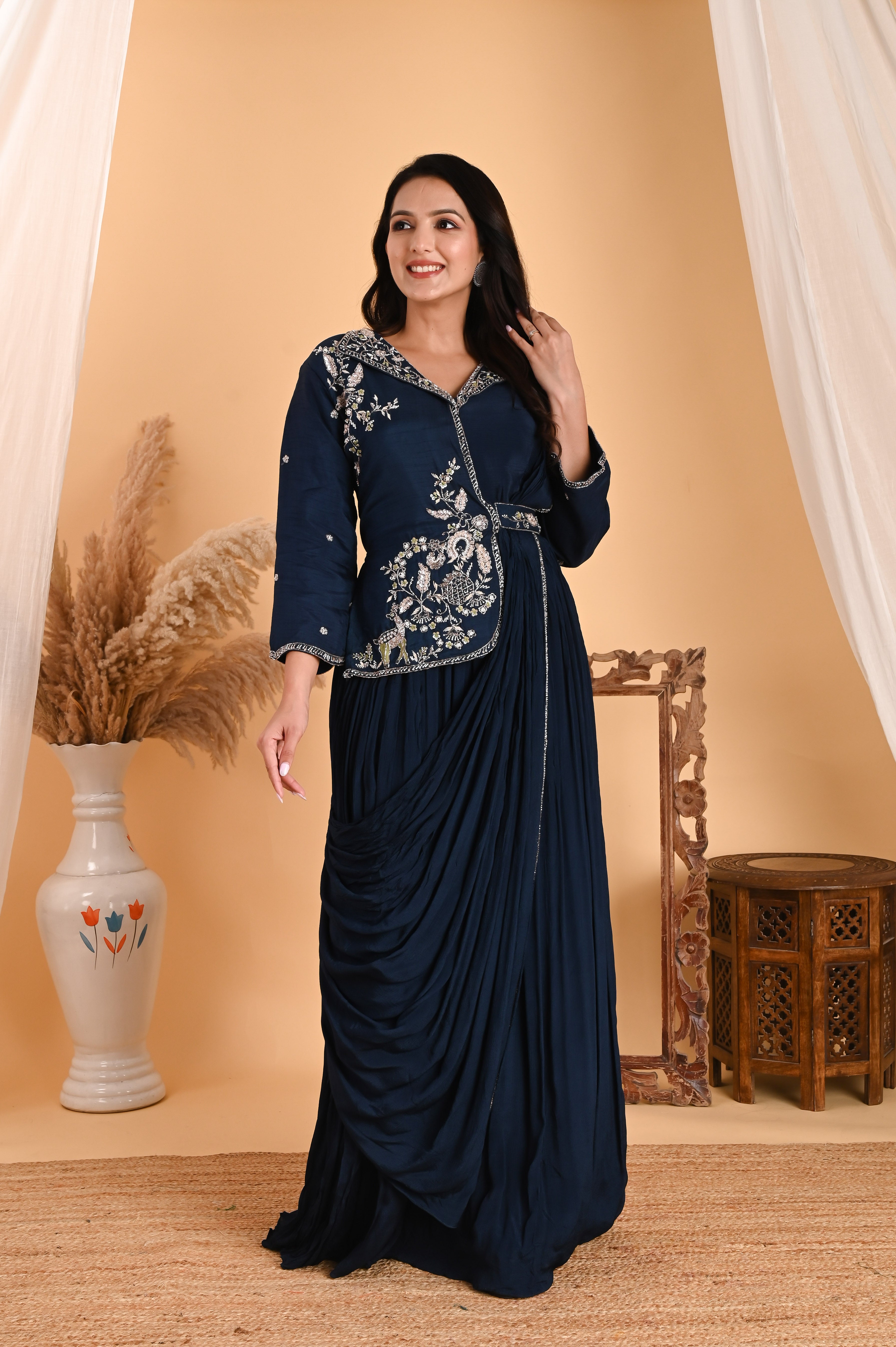 NR-110/ Neavy Blue Embroidered Fusion Saree Gown