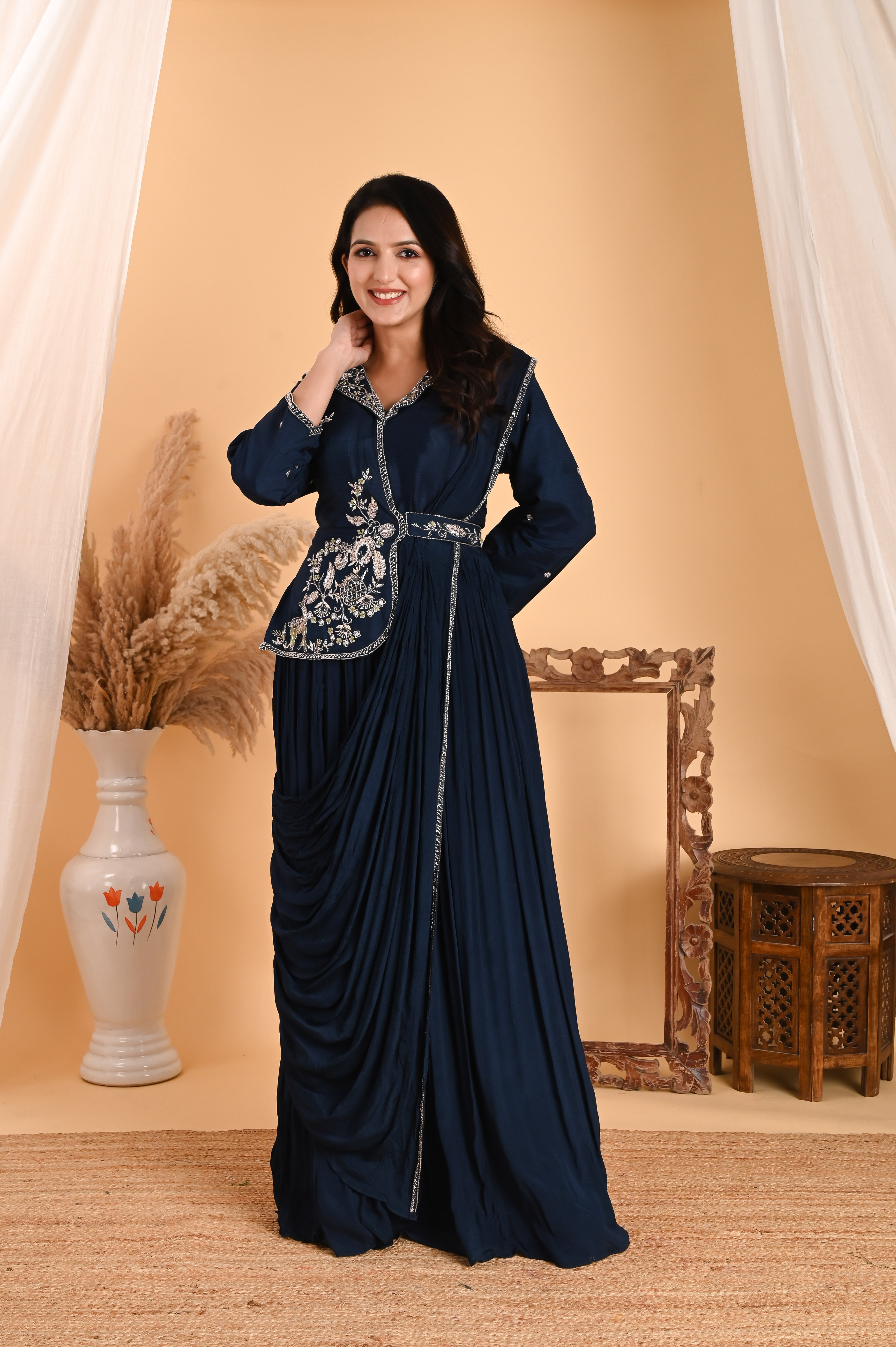 NR-110/ Neavy Blue Embroidered Fusion Saree Gown