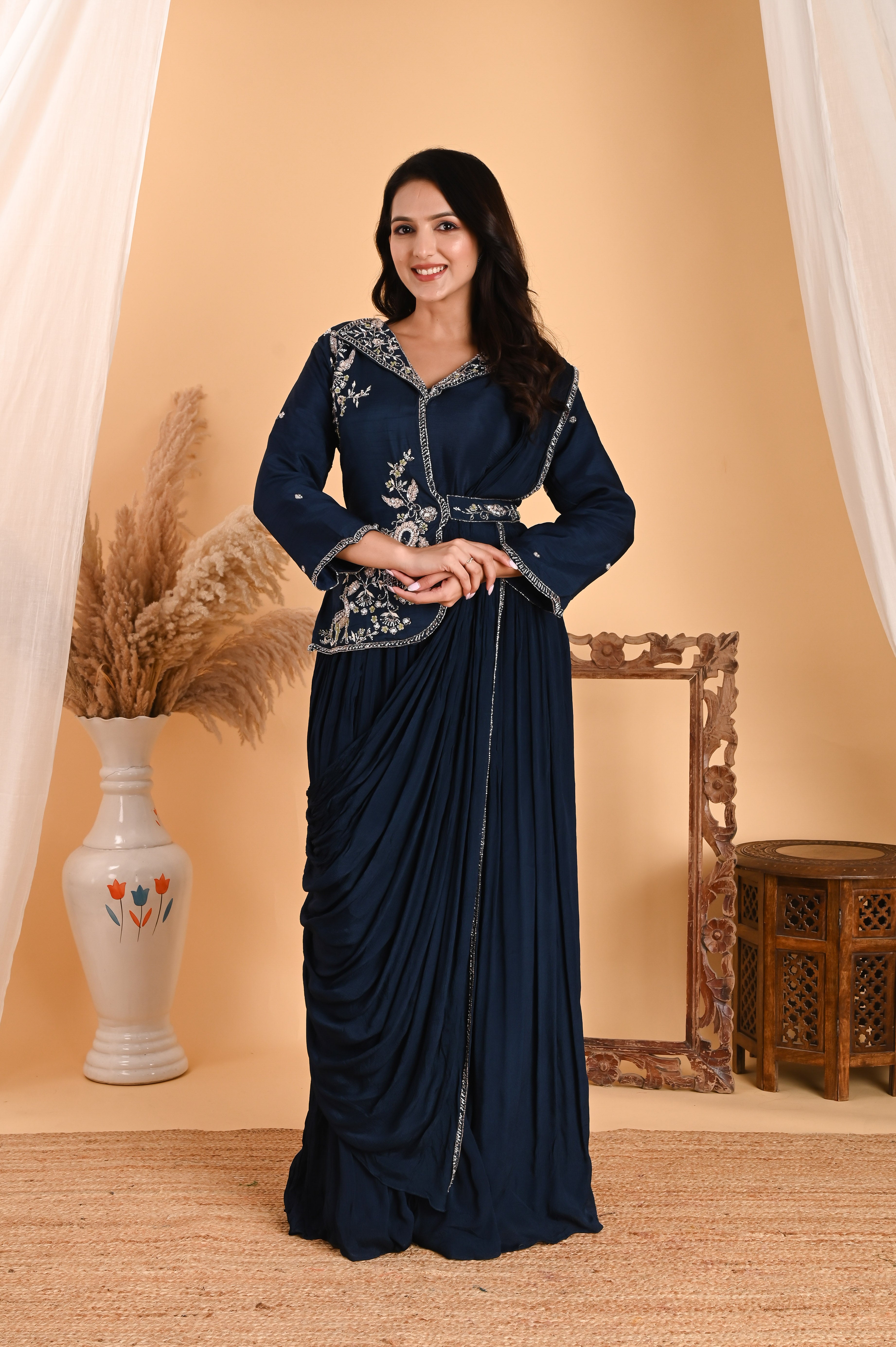 NR-110/ Neavy Blue Embroidered Fusion Saree Gown
