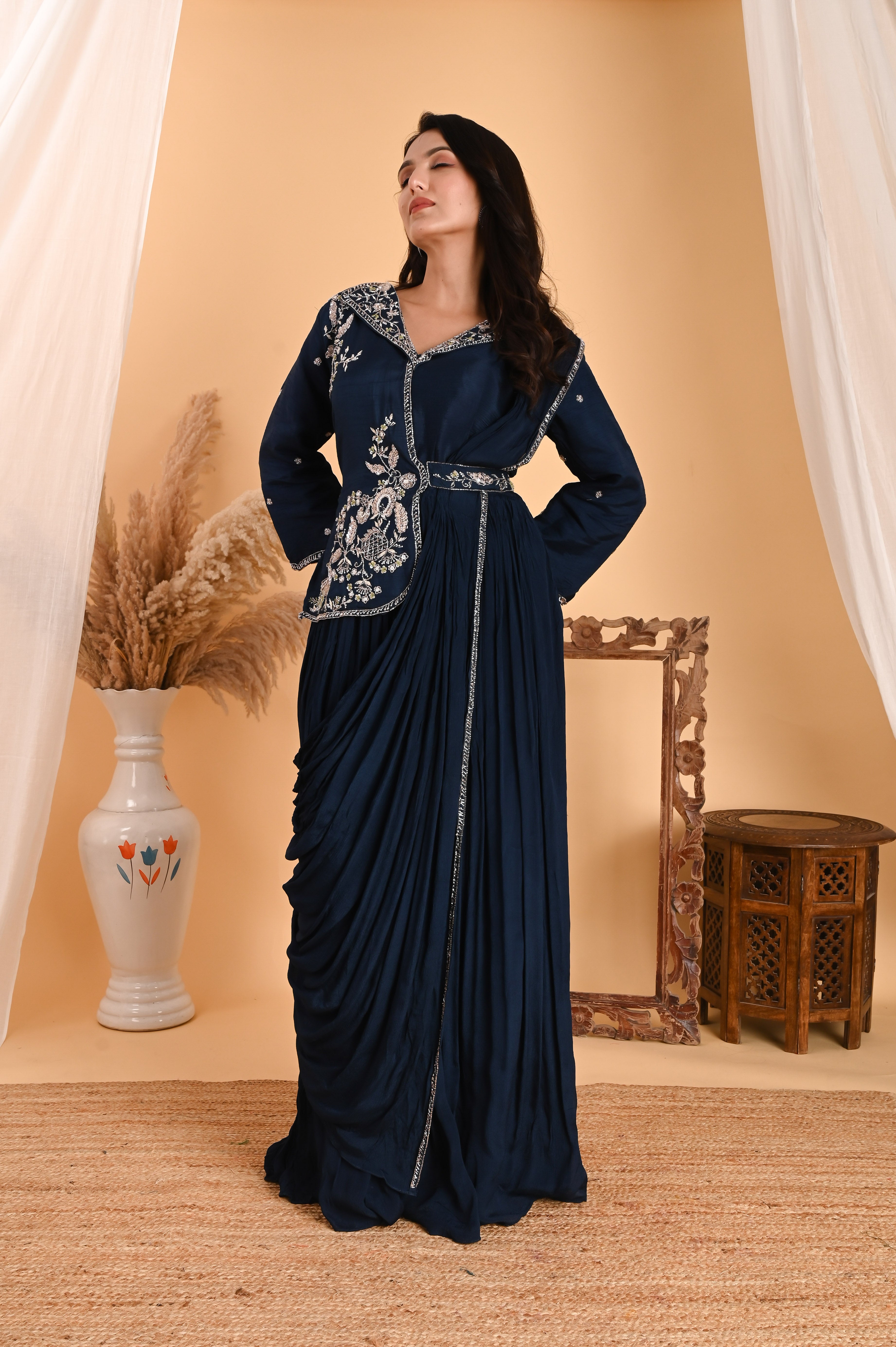 NR-110/ Neavy Blue Embroidered Fusion Saree Gown