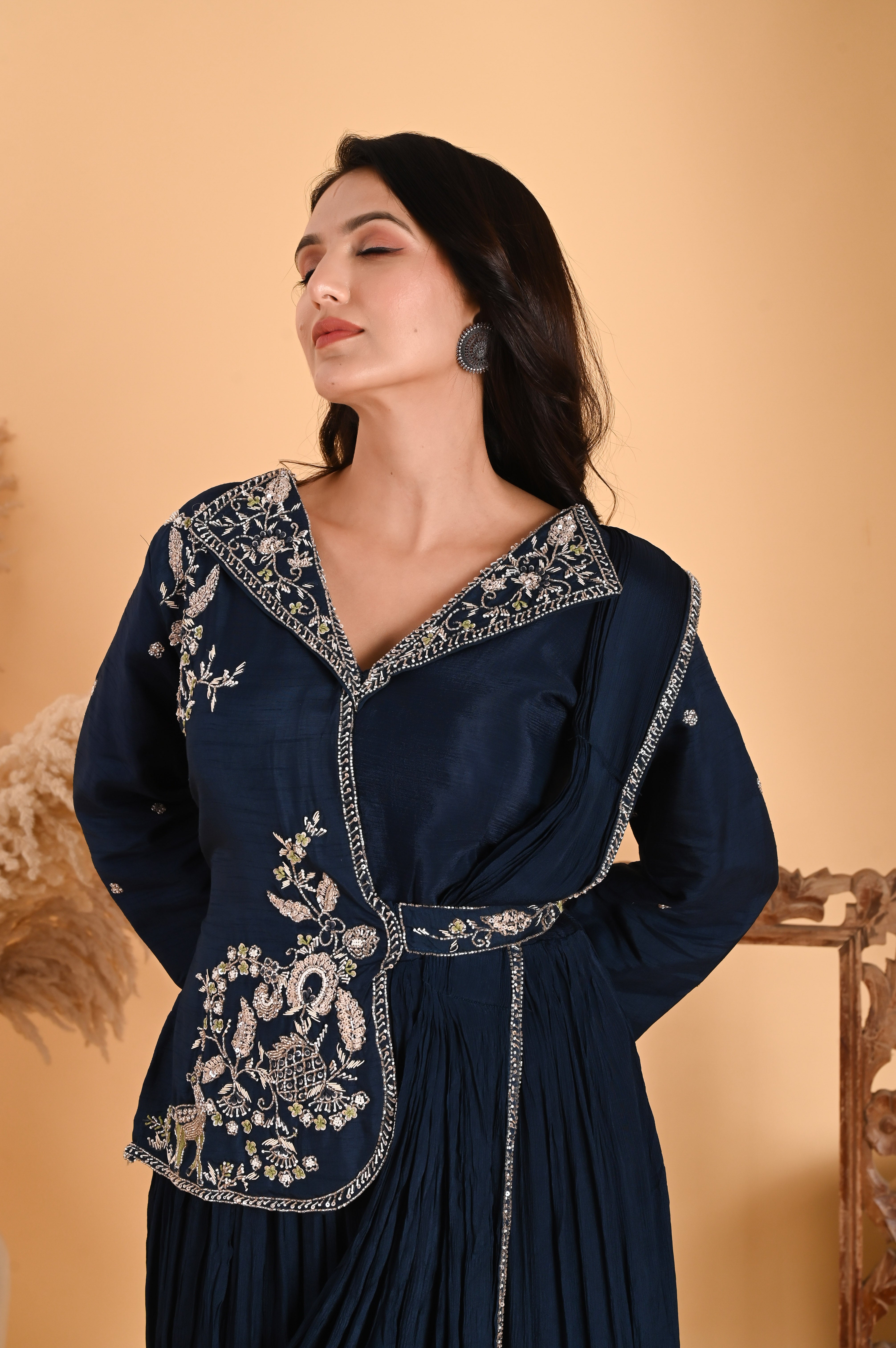 NR-110/ Neavy Blue Embroidered Fusion Saree Gown