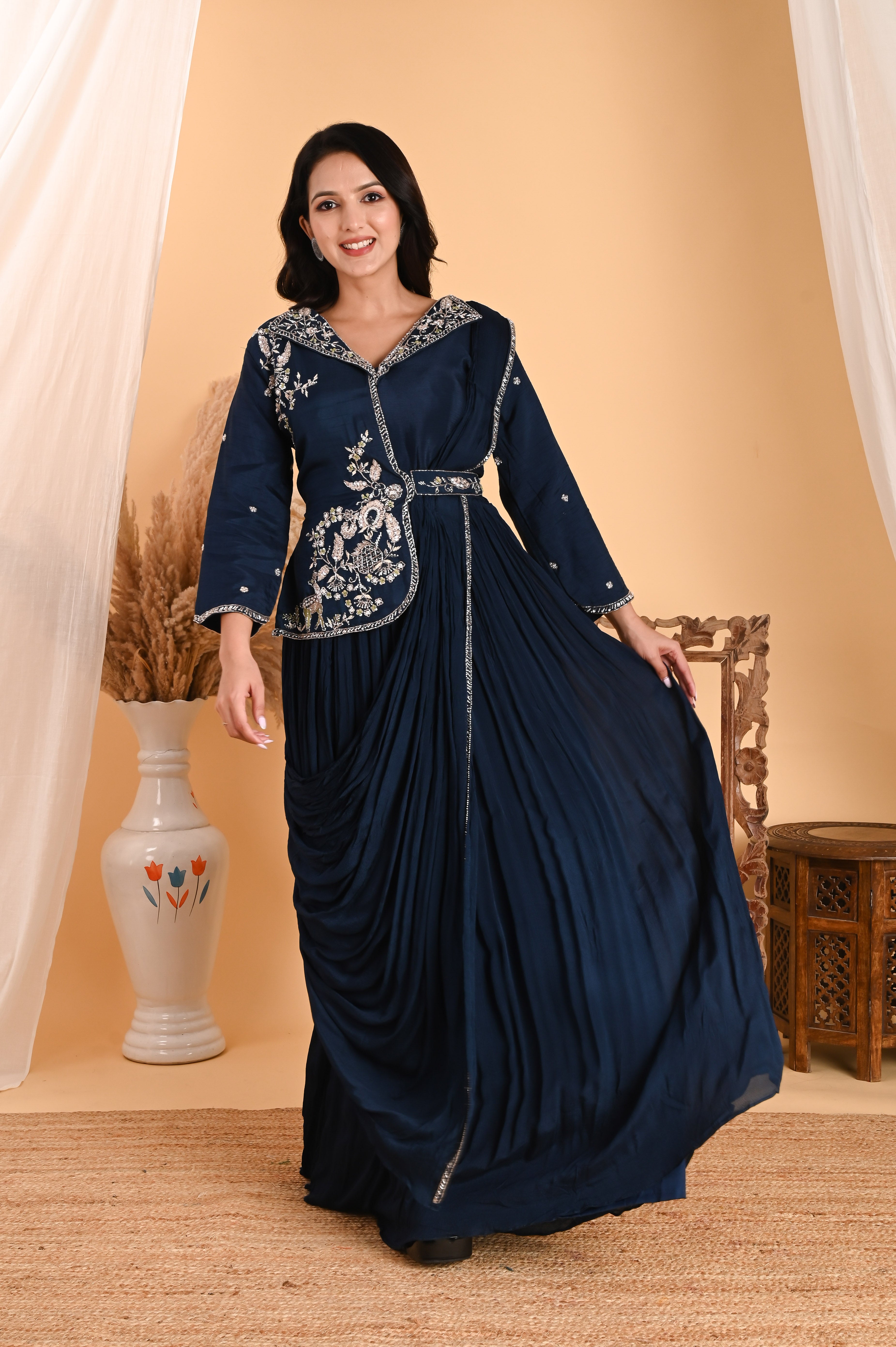 NR-110/ Neavy Blue Embroidered Fusion Saree Gown