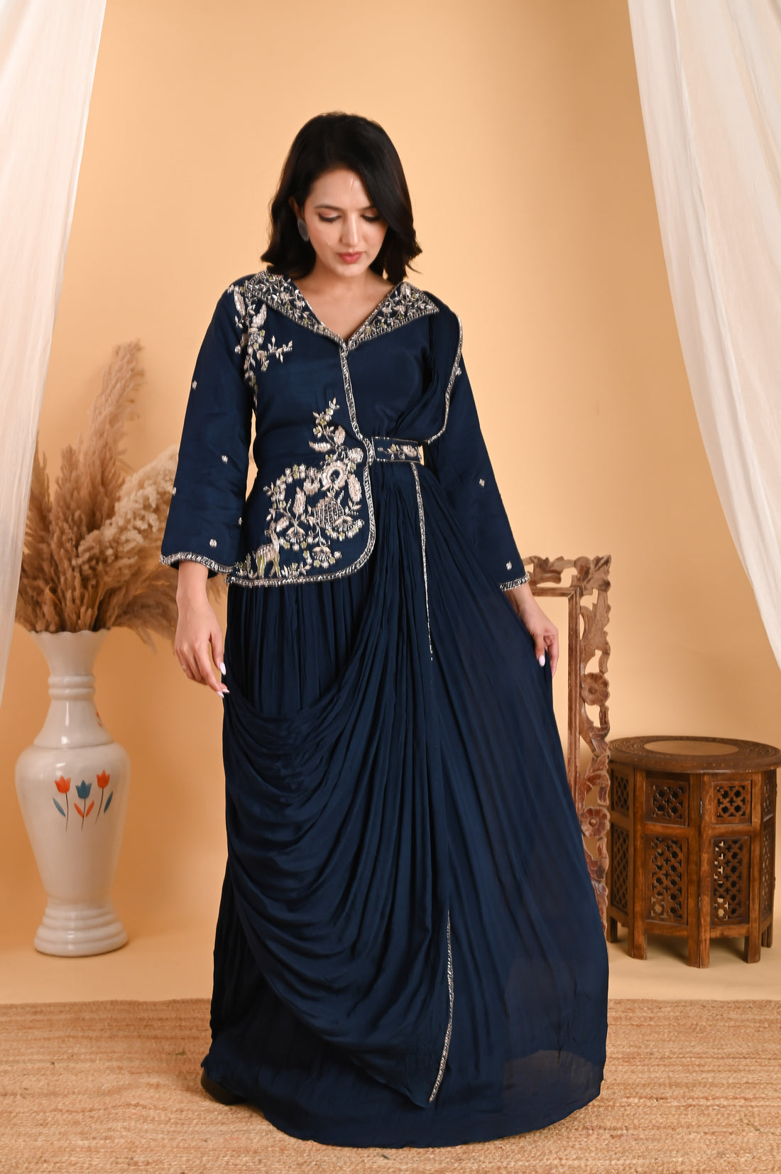 NR-110/ Neavy Blue Embroidered Fusion Saree Gown
