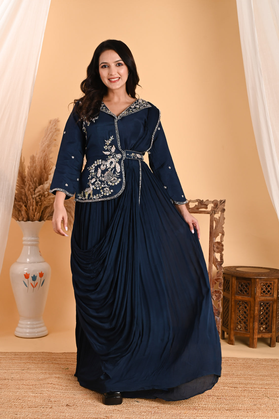 NR-110/ Neavy Blue Embroidered Fusion Saree Gown