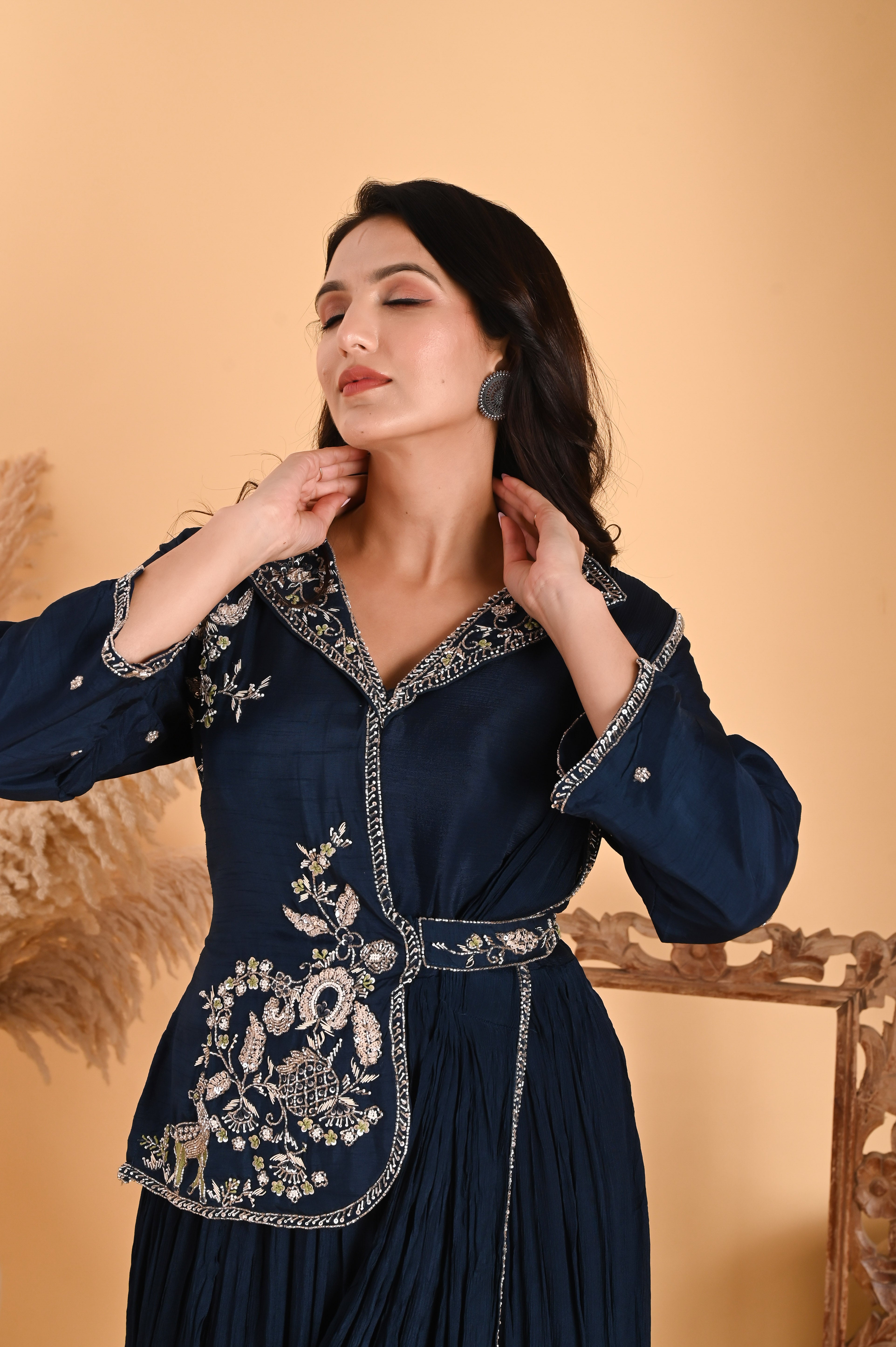 NR-110/ Neavy Blue Embroidered Fusion Saree Gown