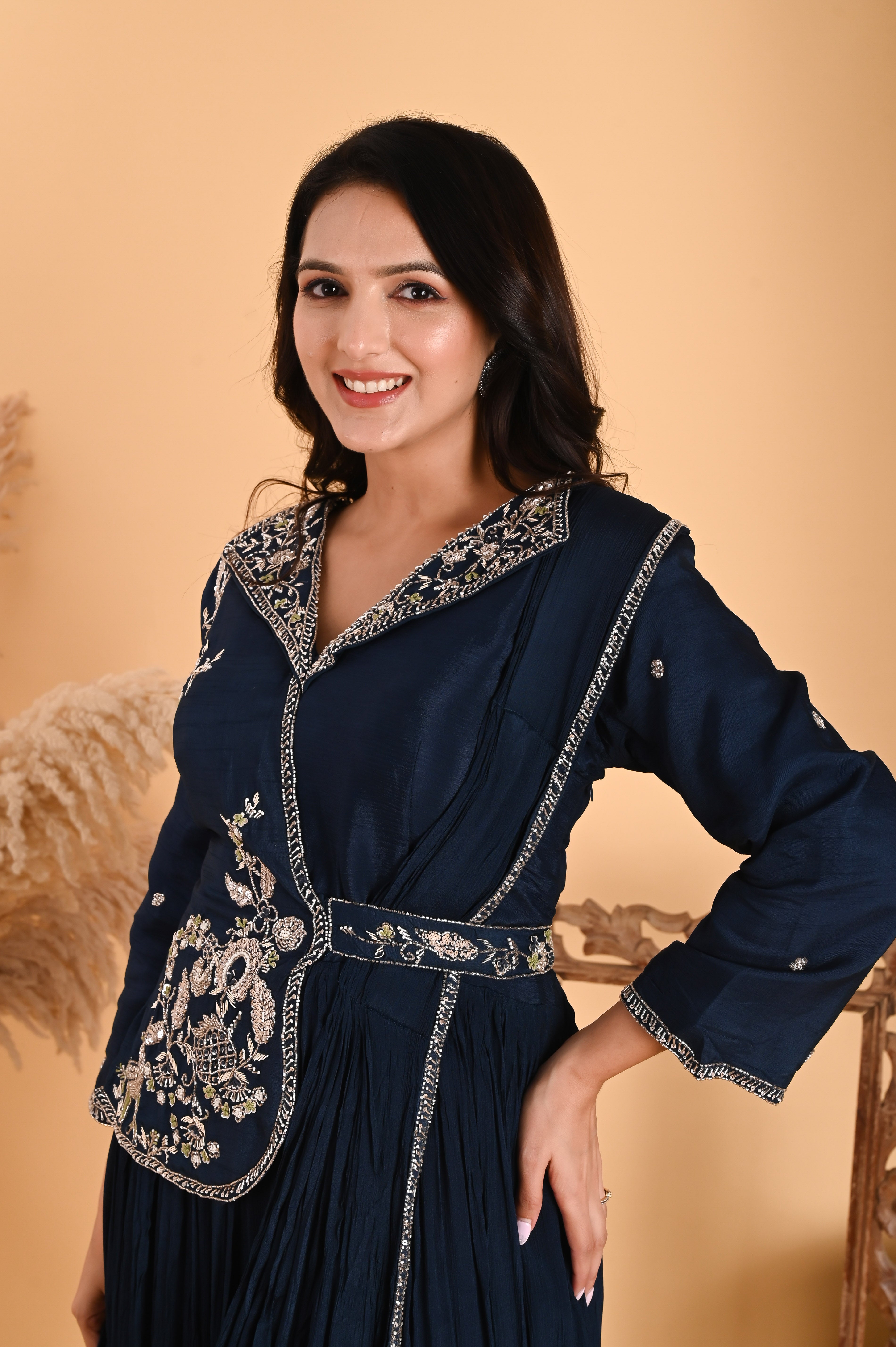 NR-110/ Neavy Blue Embroidered Fusion Saree Gown