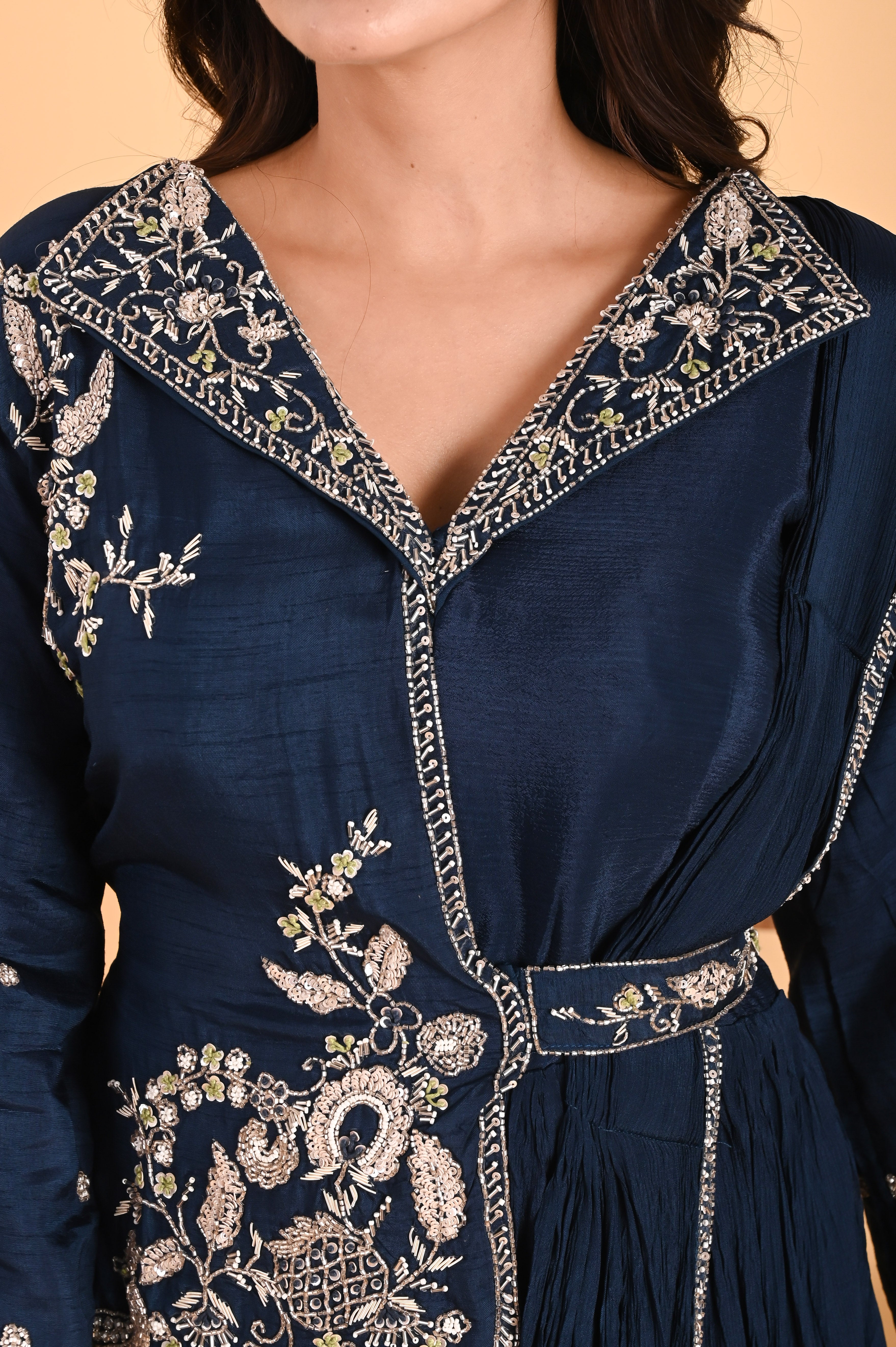 NR-110/ Neavy Blue Embroidered Fusion Saree Gown