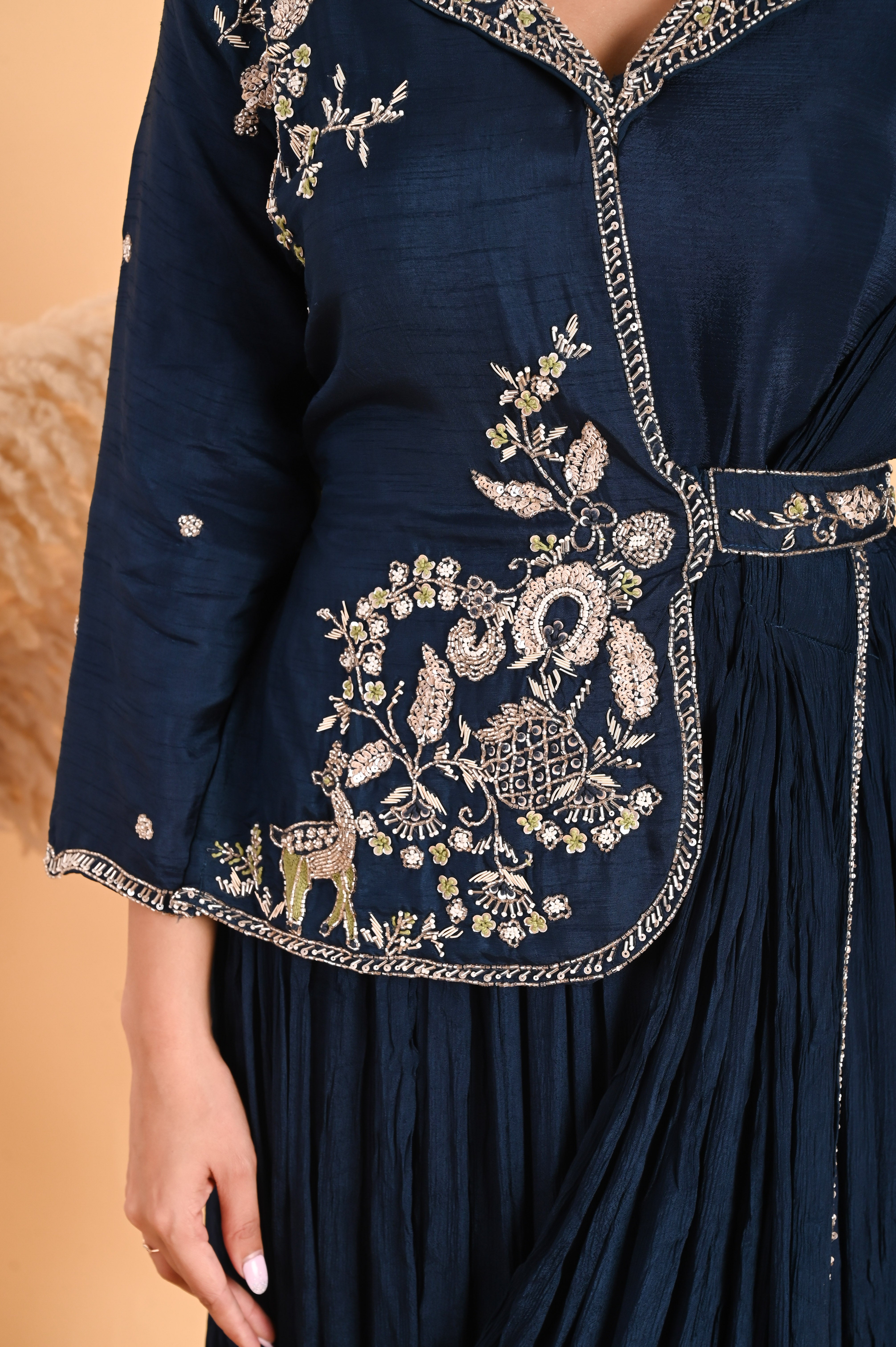 NR-110/ Neavy Blue Embroidered Fusion Saree Gown