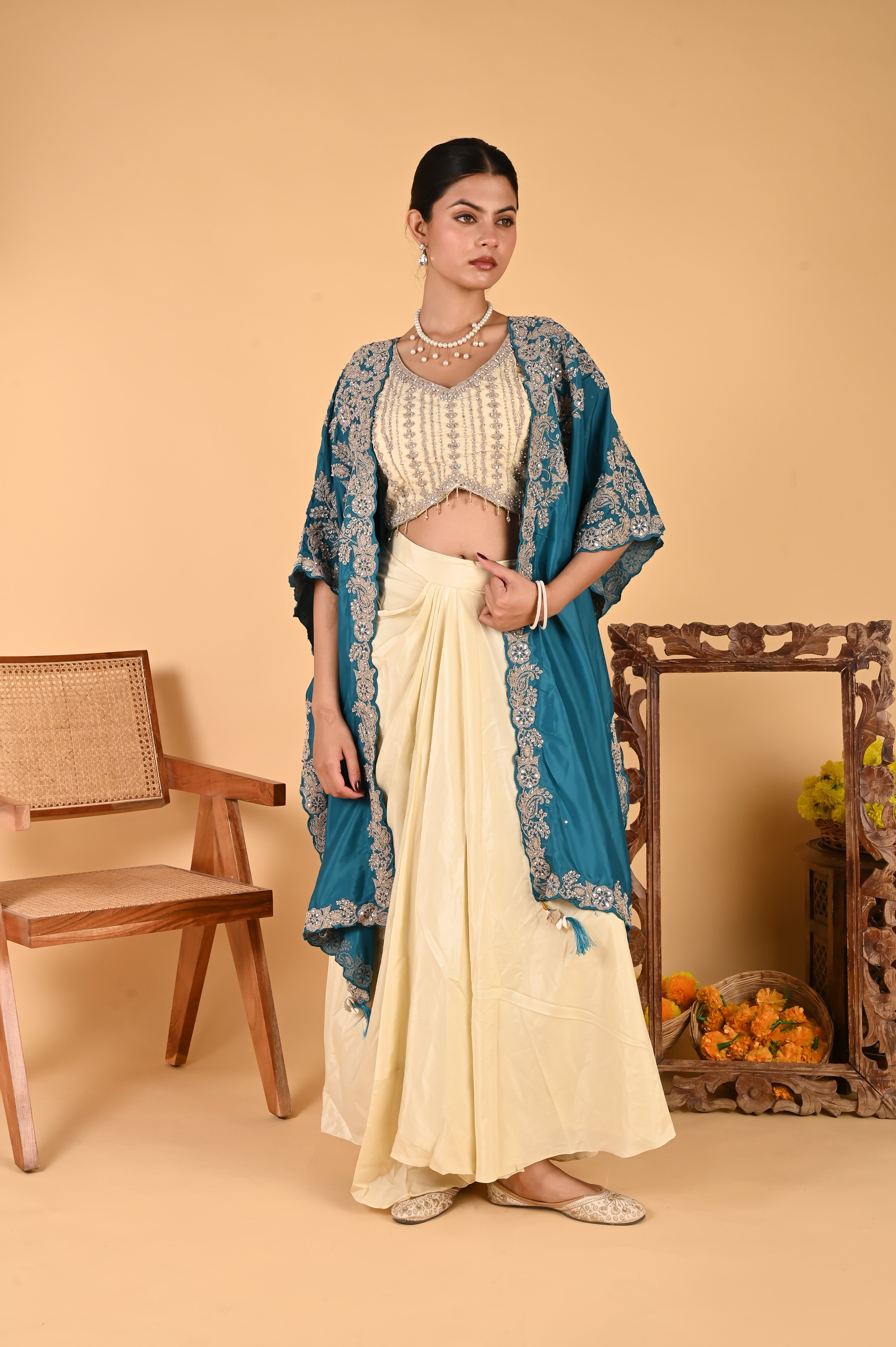 NR-123/ Teal Blue Embroidered Cape Set