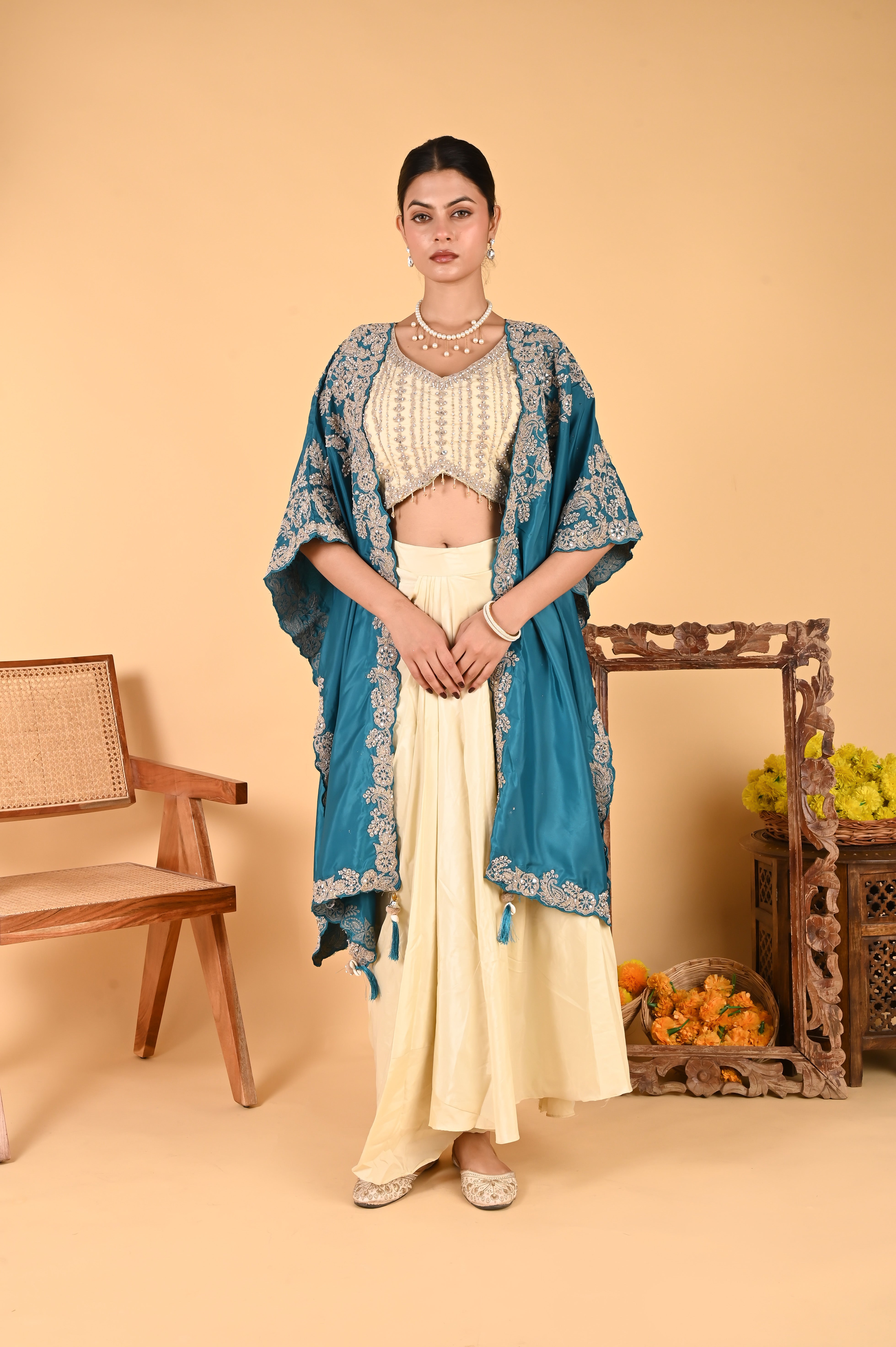 NR-123/ Teal Blue Embroidered Cape Set
