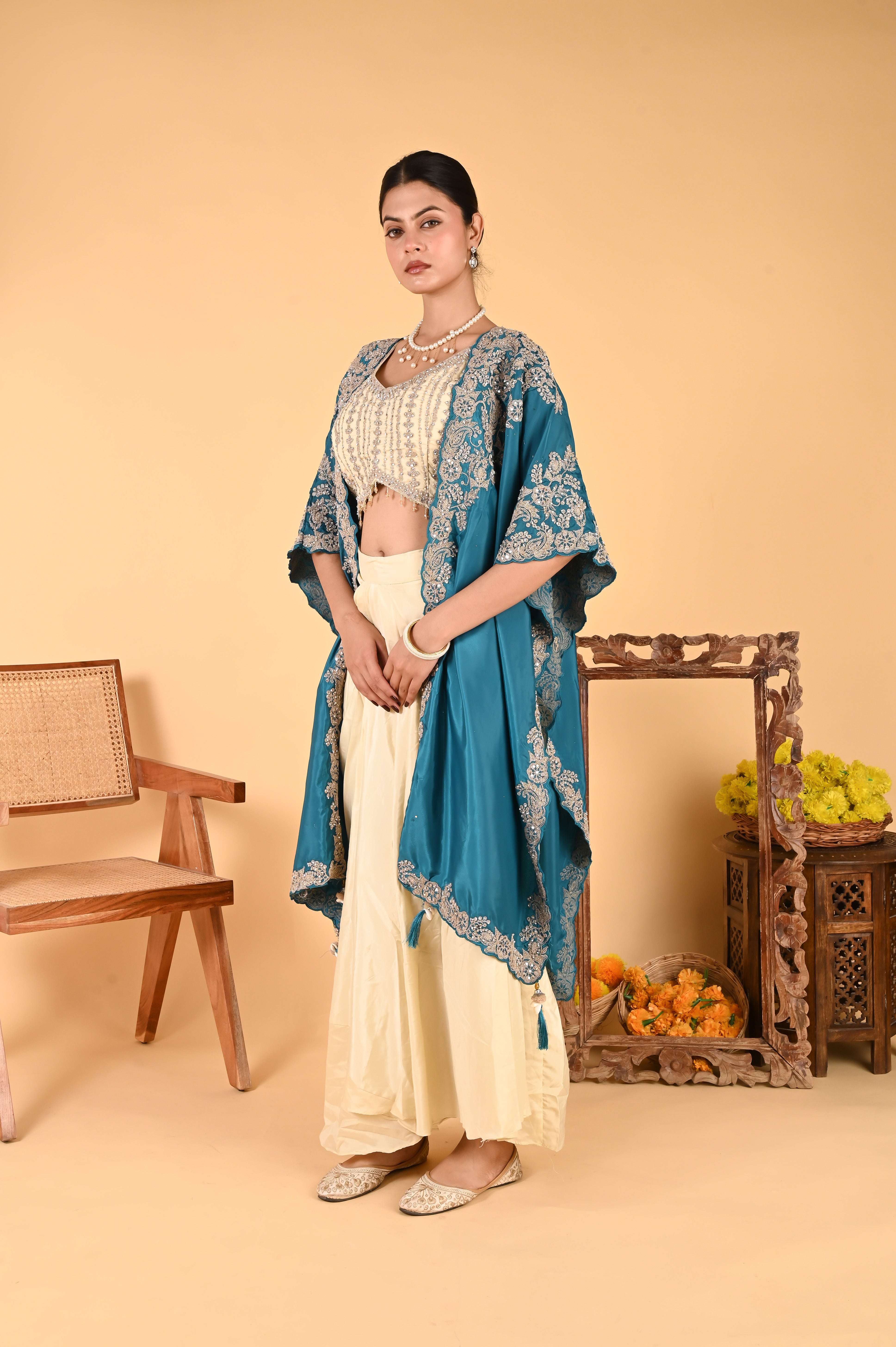 NR-123/ Teal Blue Embroidered Cape Set