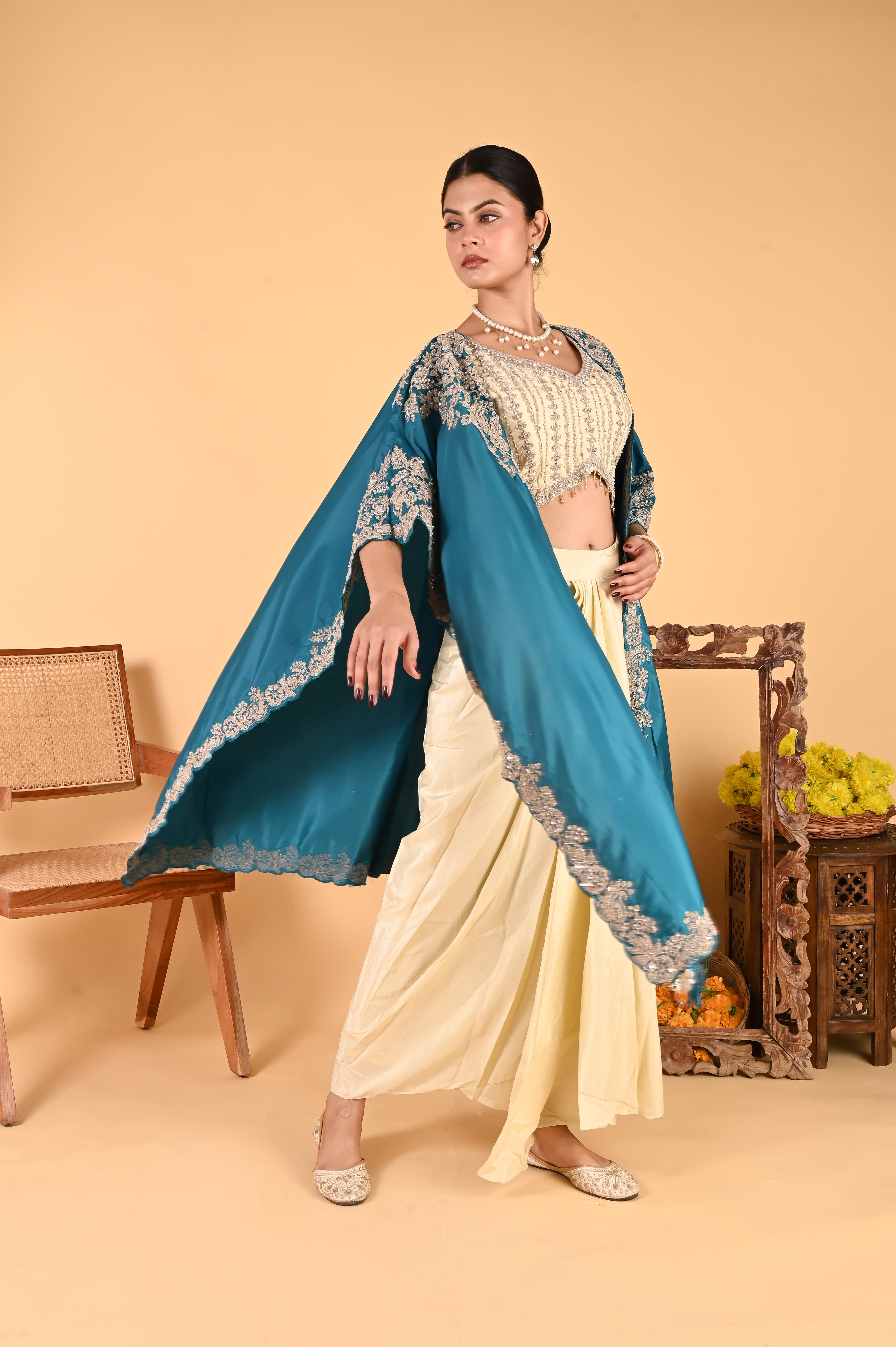 NR-123/ Teal Blue Embroidered Cape Set