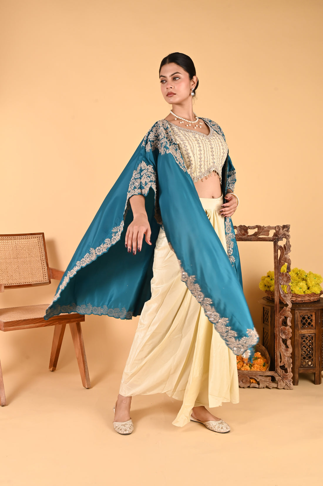 NR-123/ Teal Blue Embroidered Cape Set
