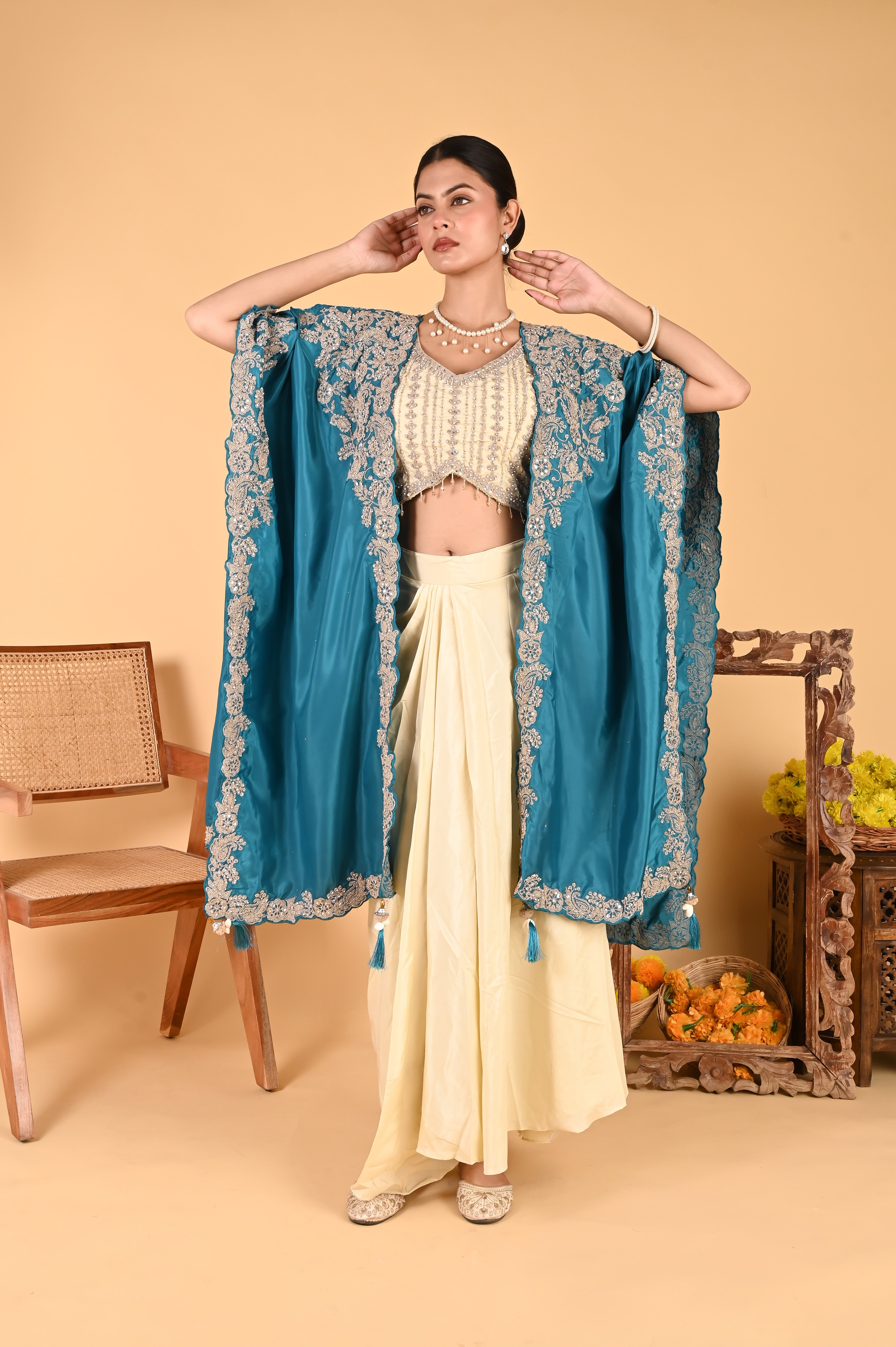 NR-123/ Teal Blue Embroidered Cape Set
