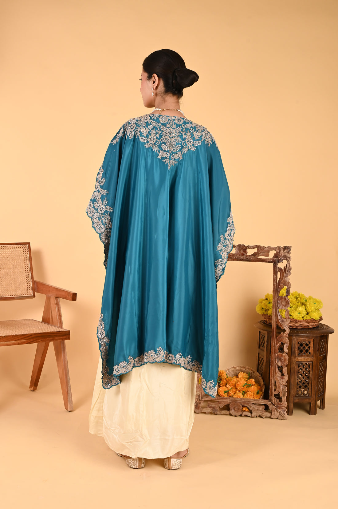 NR-123/ Teal Blue Embroidered Cape Set