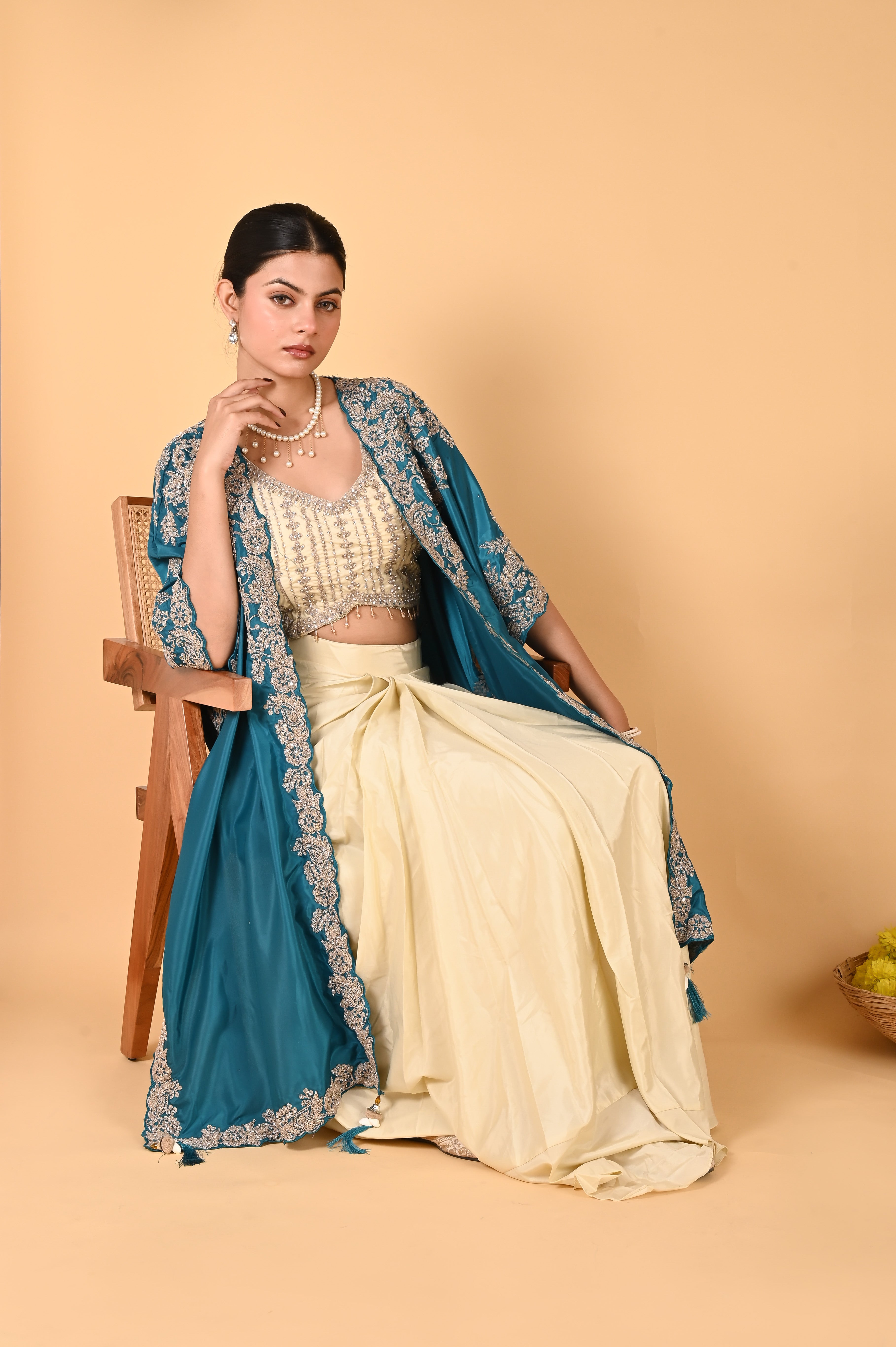 NR-123/ Teal Blue Embroidered Cape Set