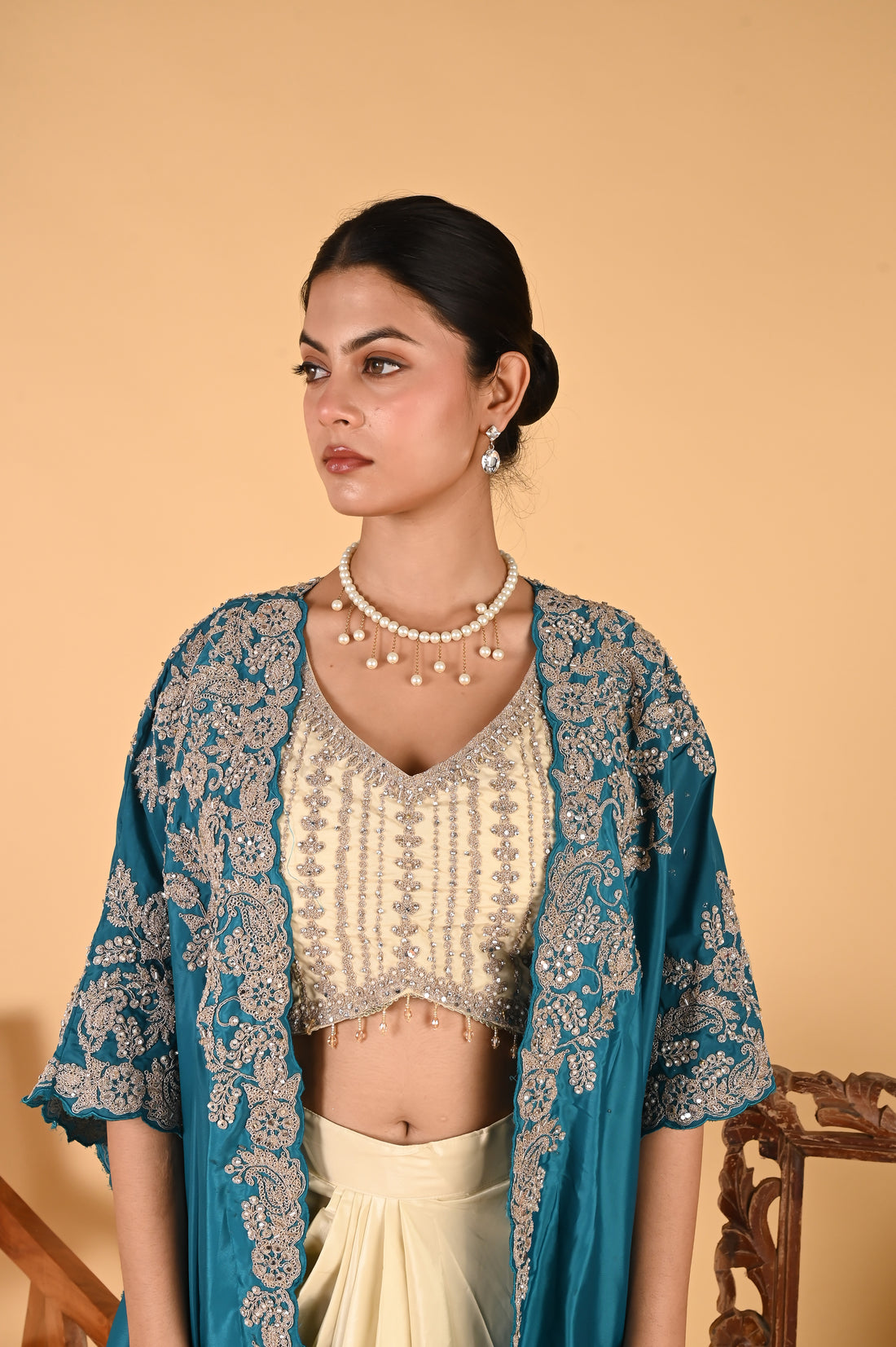 NR-123/ Teal Blue Embroidered Cape Set