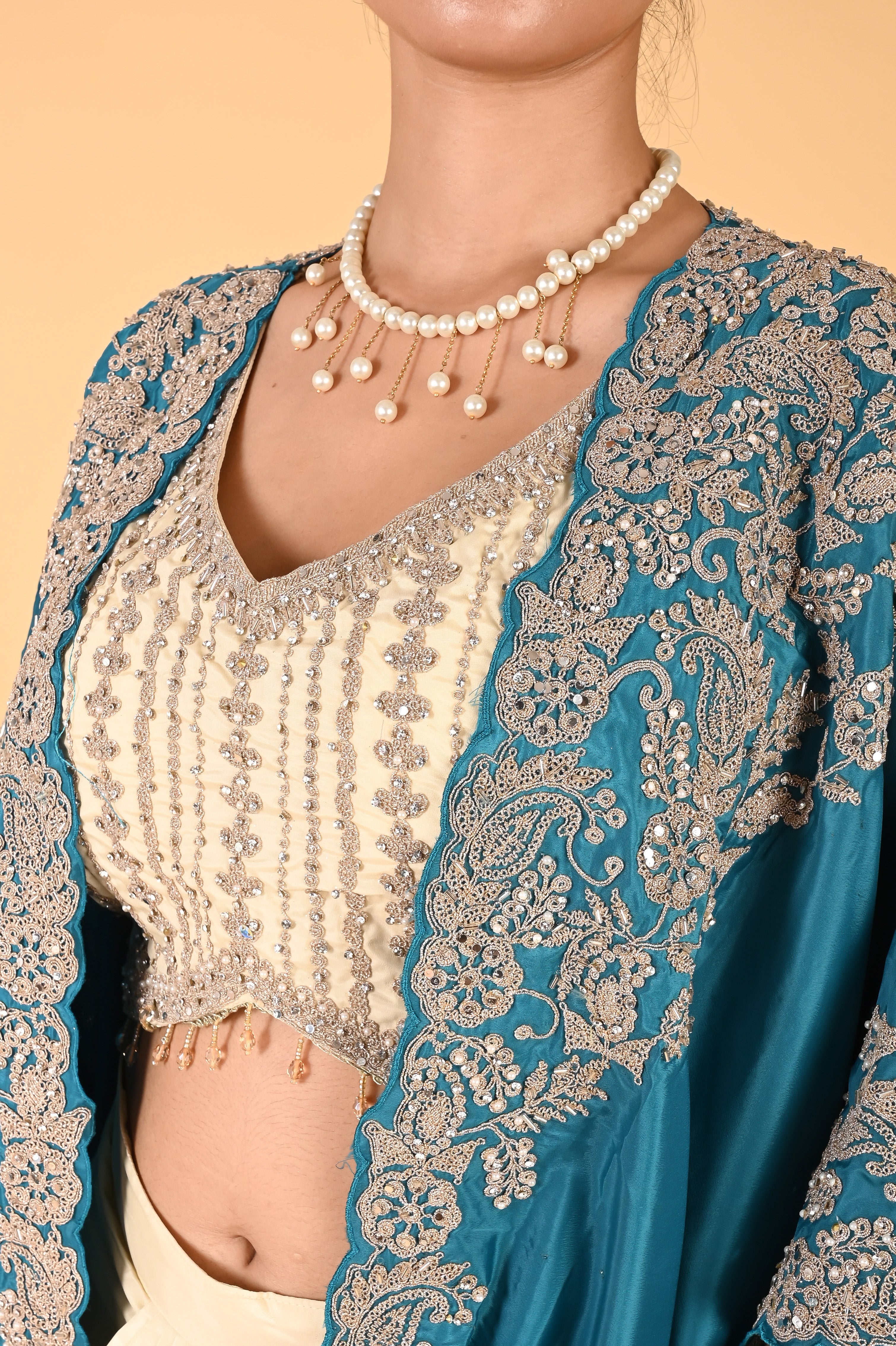 NR-123/ Teal Blue Embroidered Cape Set