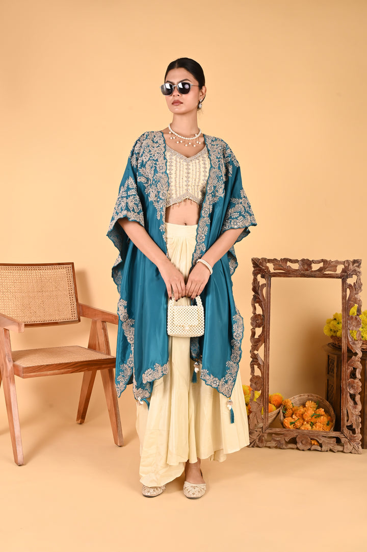 NR-123/ Teal Blue Embroidered Cape Set