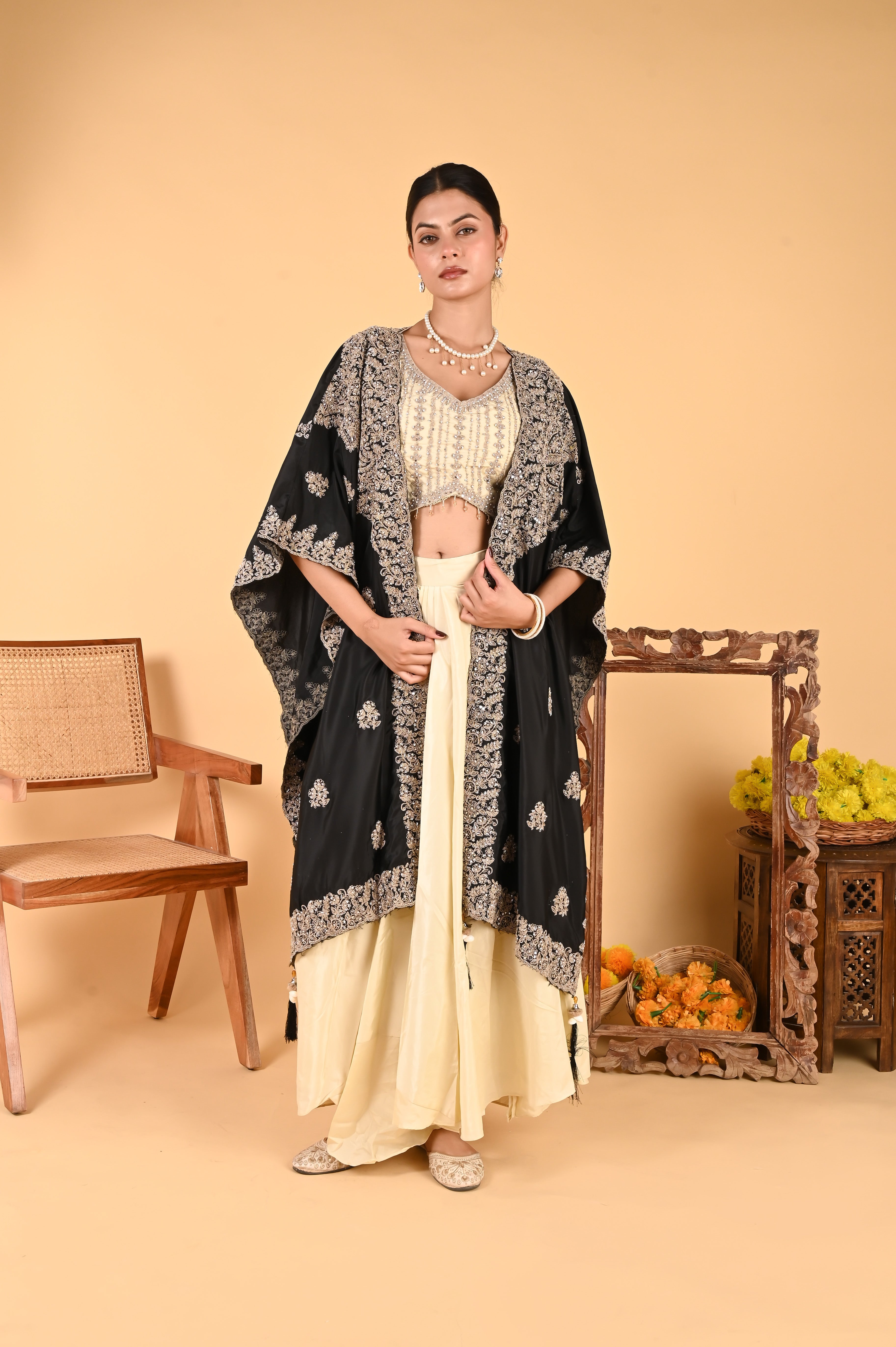 NR-124/ Black Embroidered Cape Set