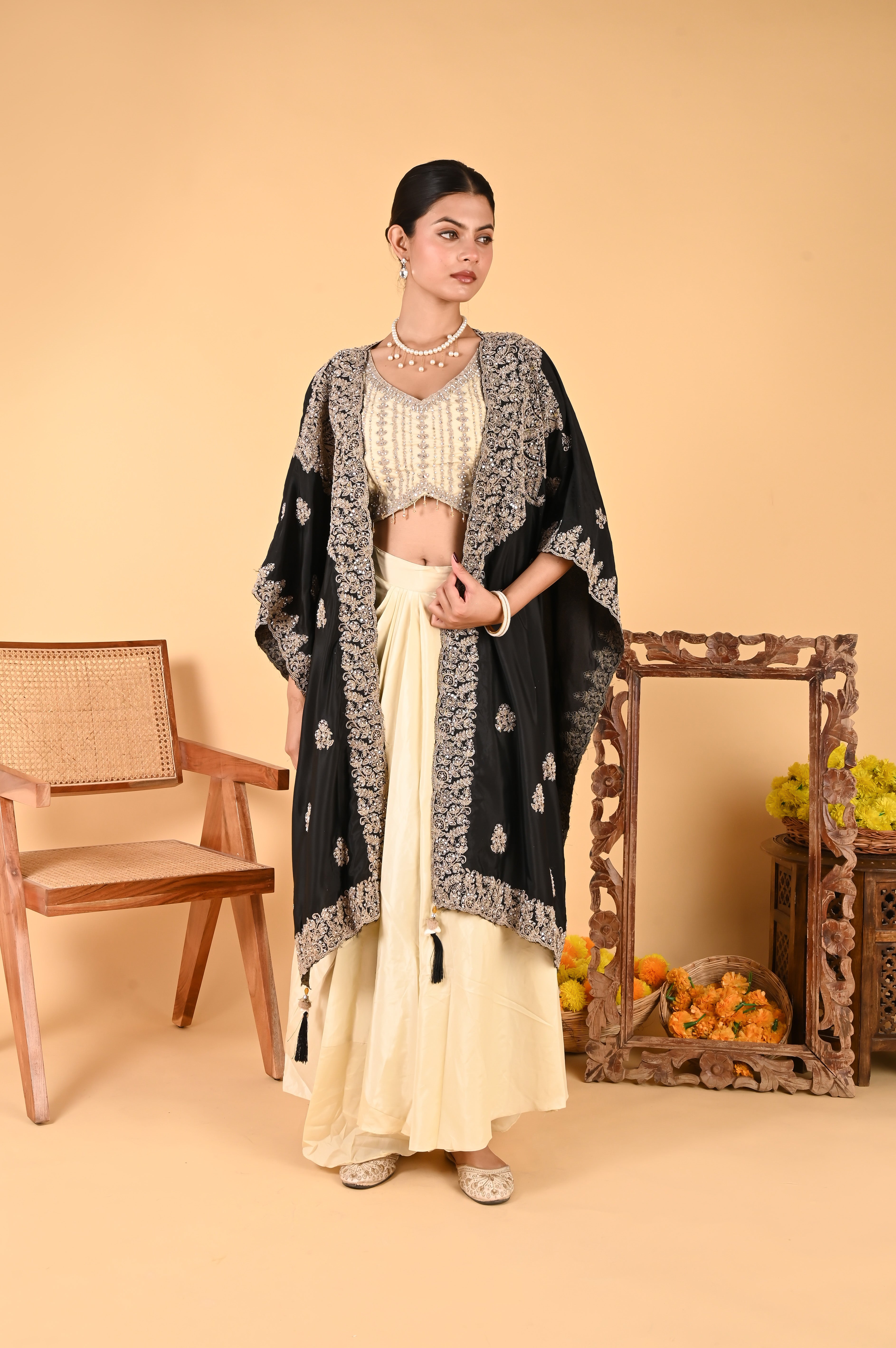 NR-124/ Black Embroidered Cape Set