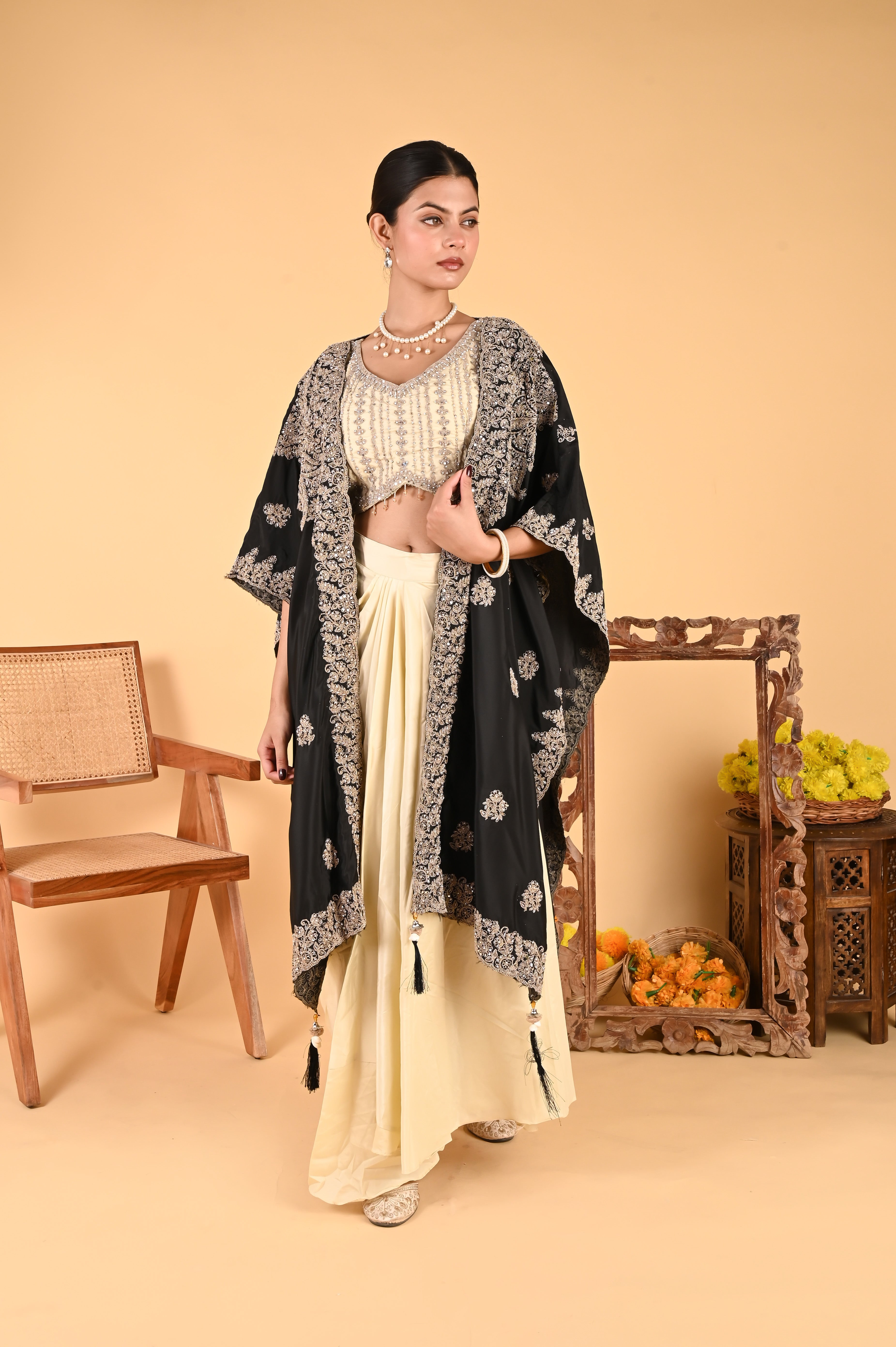 NR-124/ Black Embroidered Cape Set