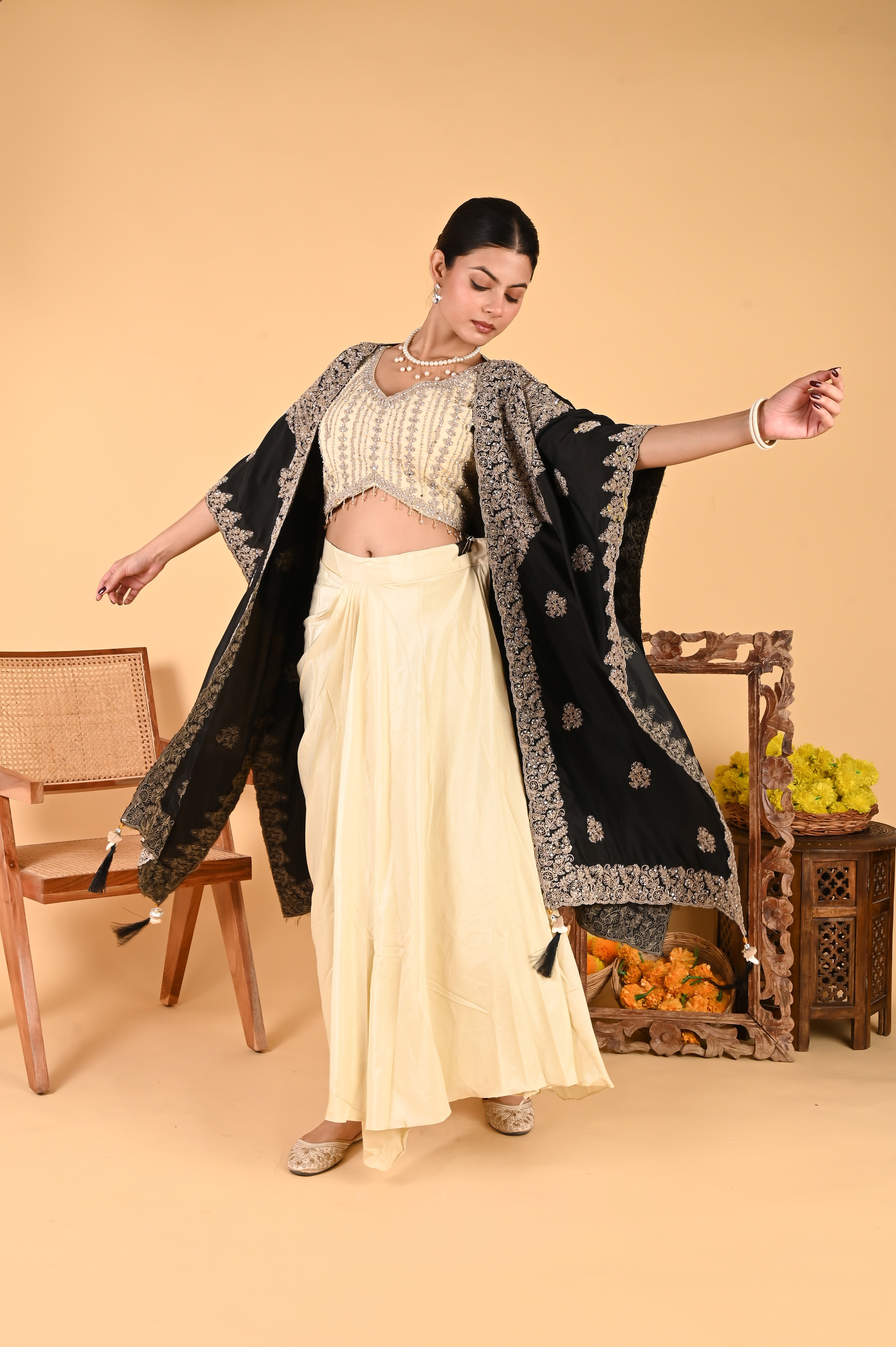 NR-124/ Black Embroidered Cape Set