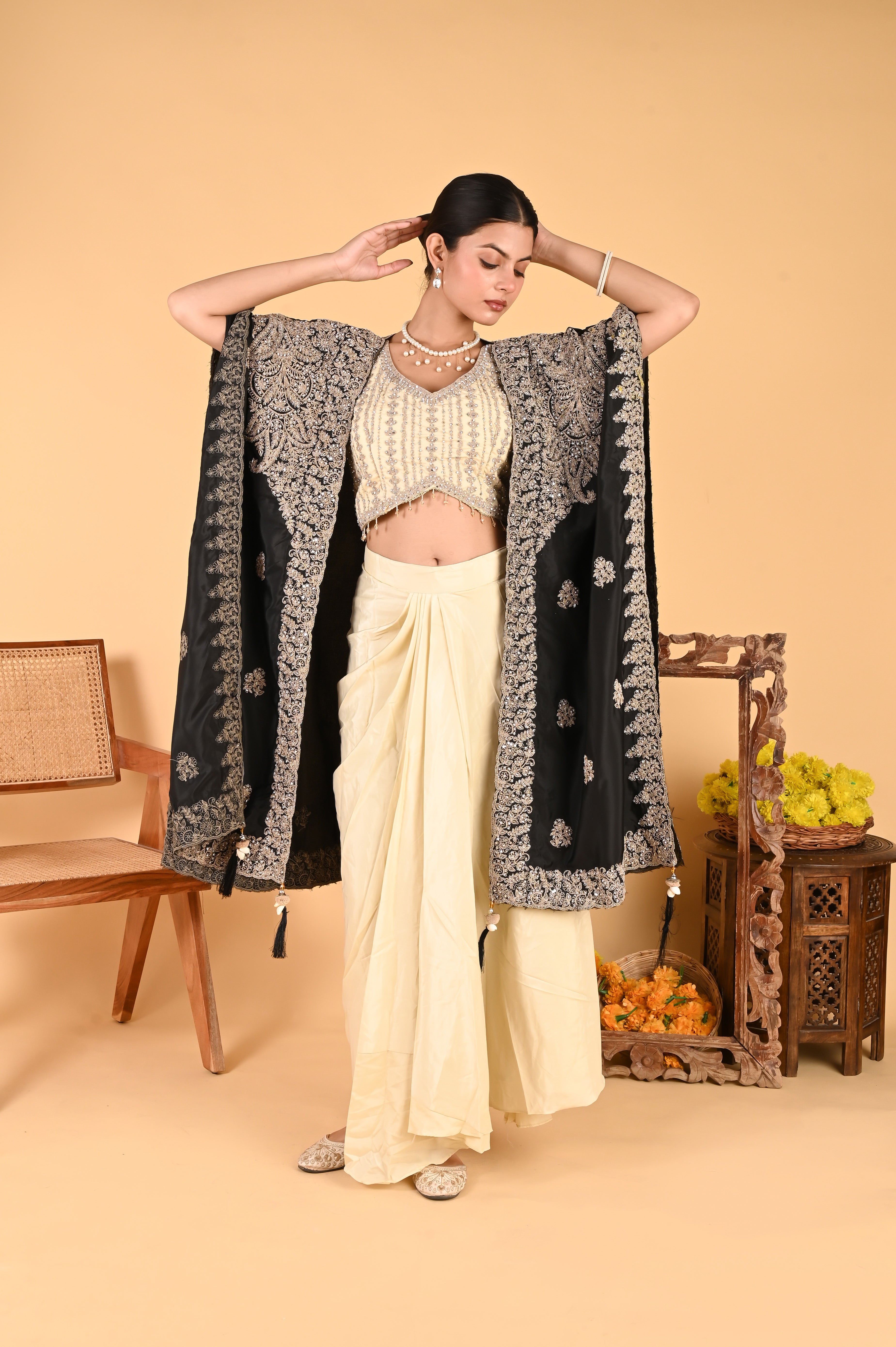 NR-124/ Black Embroidered Cape Set