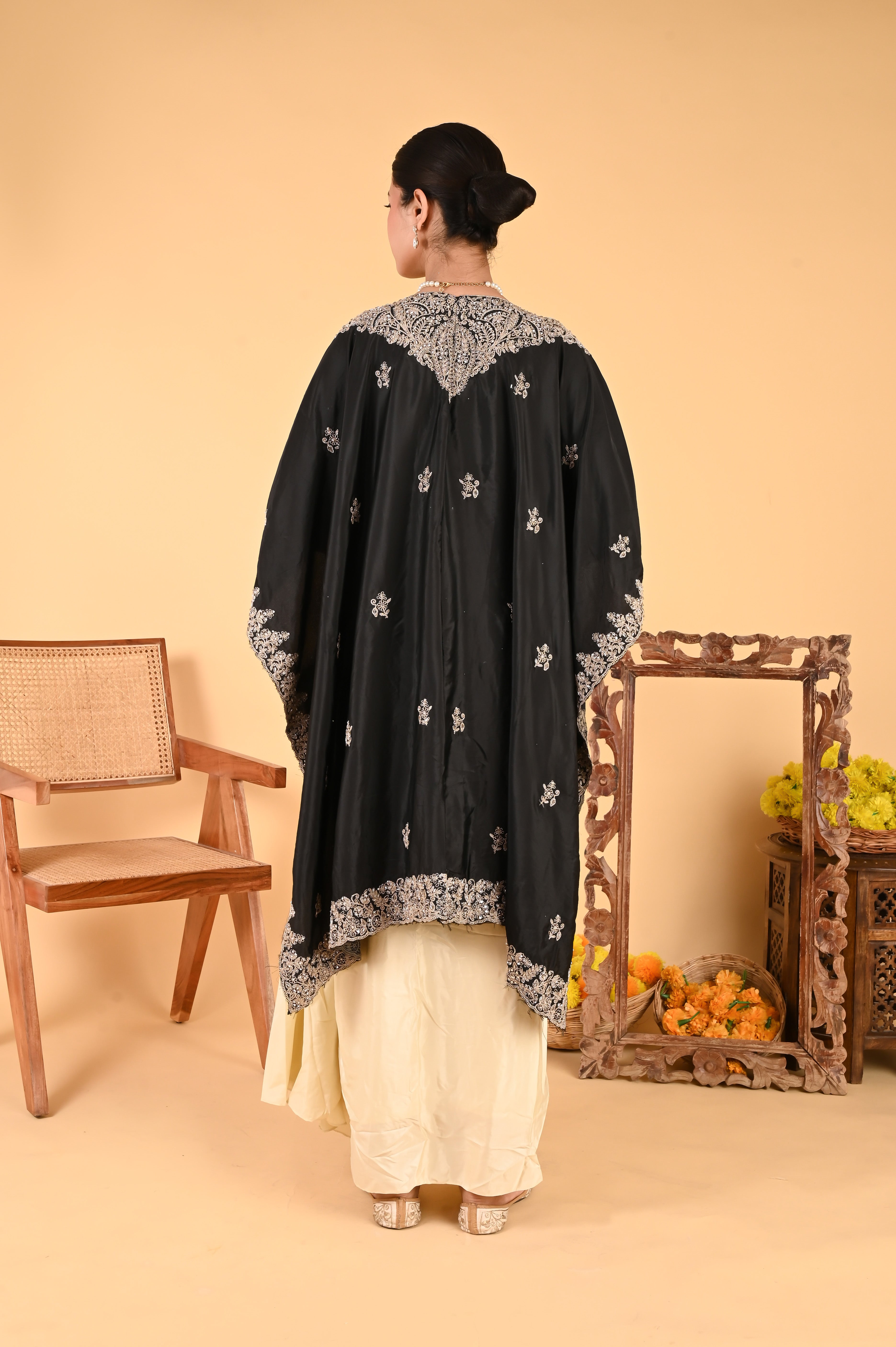 NR-124/ Black Embroidered Cape Set