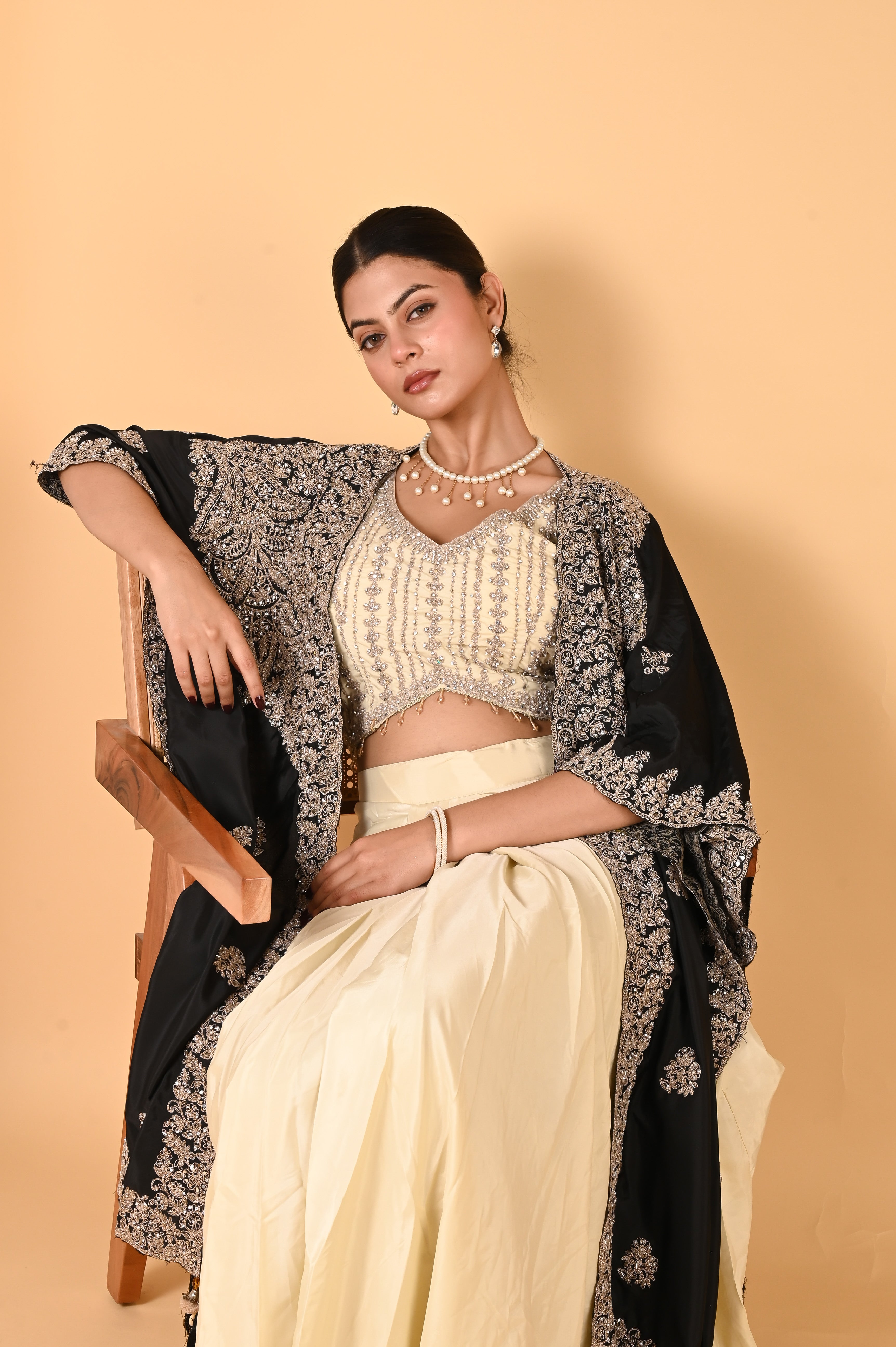 NR-124/ Black Embroidered Cape Set