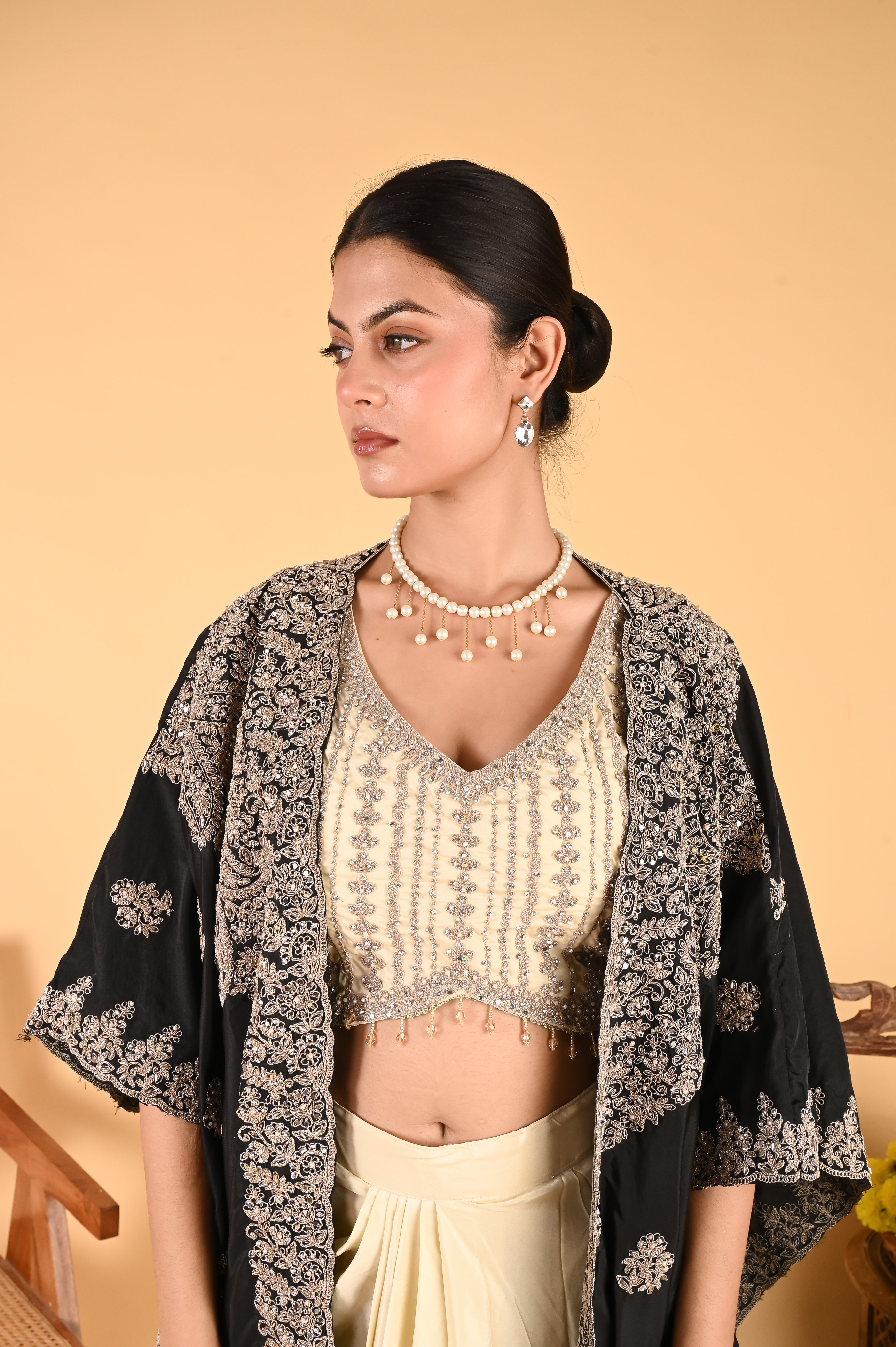 NR-124/ Black Embroidered Cape Set