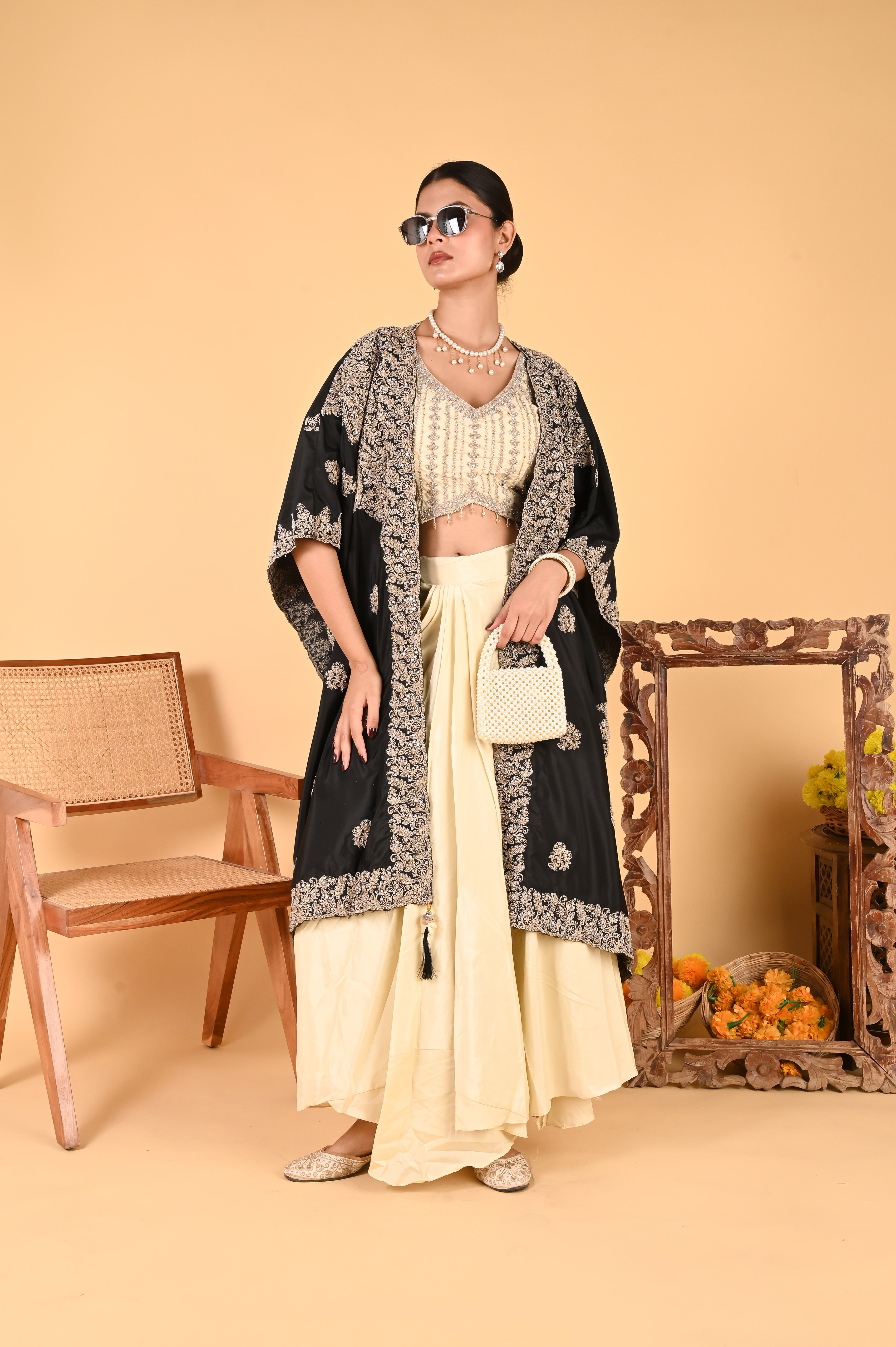 NR-124/ Black Embroidered Cape Set
