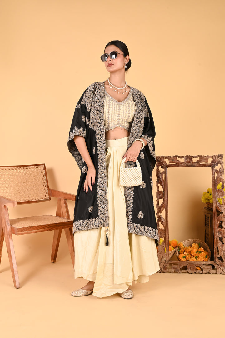 NR-124/ Black Embroidered Cape Set